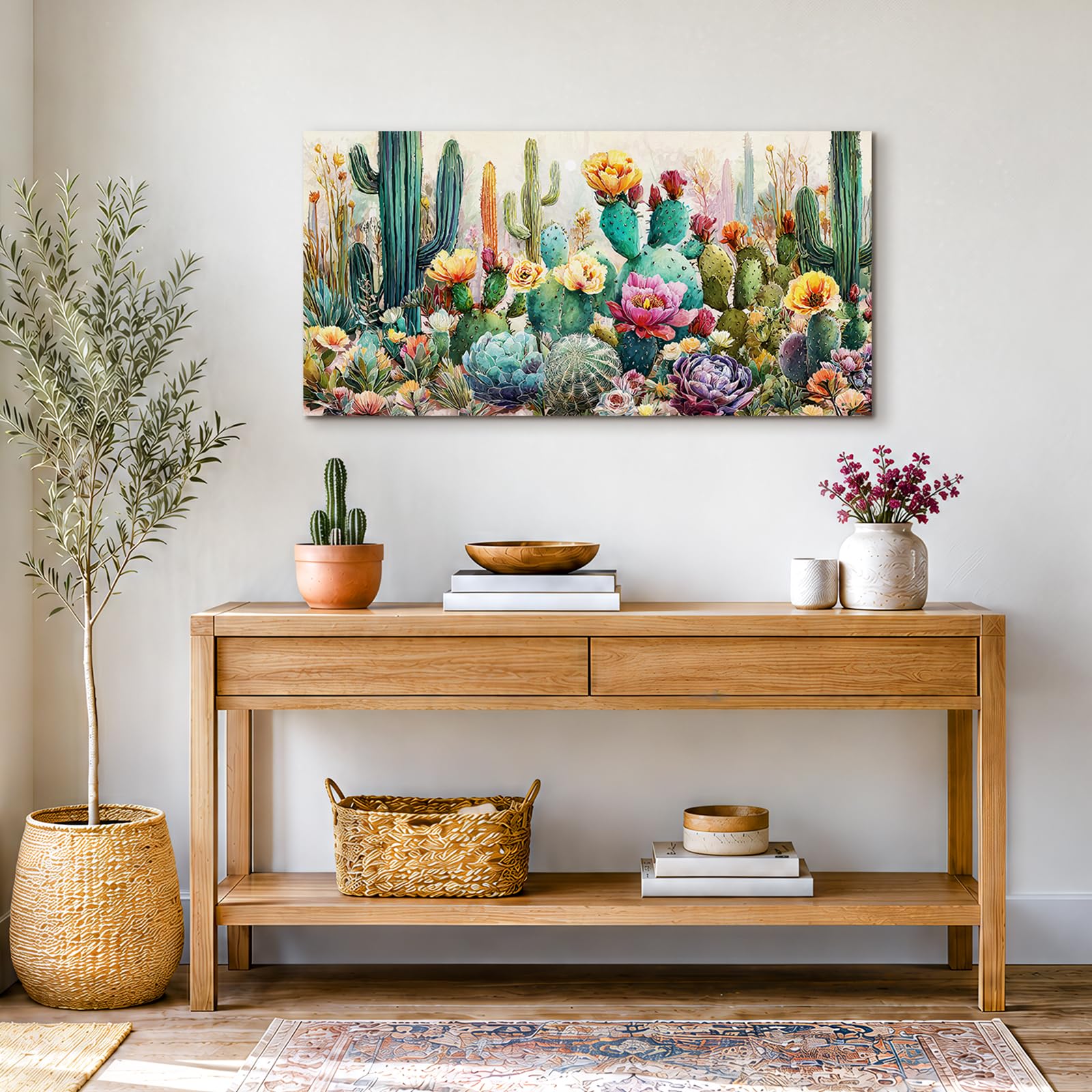 hyidecorart Bunte Blumen Bilder Wohnzimmer Moderne Gemälde 59x119 cm | Pflanzenmotive, HD-Druck, Einfach Aufzuhängen, Leinwandbilder, Große Formate, Vielseitig Dekorierbar, Raumdeko, Geschenk