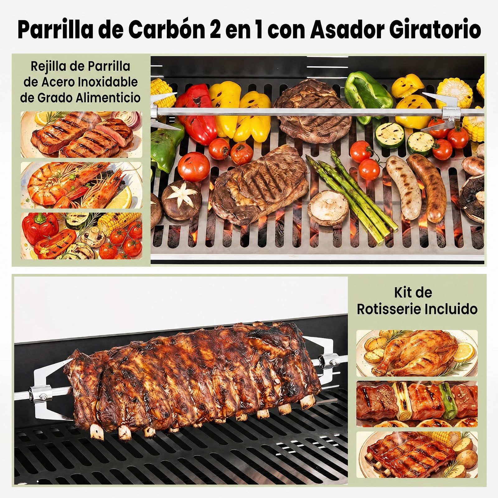 COSTWAY Barbacoa de Carbón, Rejilla de Altura Regulable, 120 x 32,5 x 90 cm | 2 Mesas Laterales, Espeto Giratorio, Protector Antiviento, Parrilla Barbacoa Rectangular para Camping, Picinic BBQ