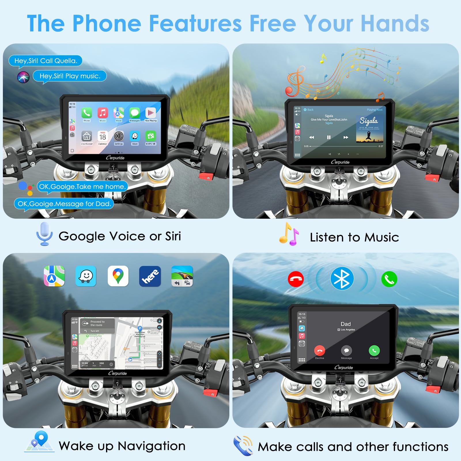 2025 Carpuride W702S PRO Motorcycle GPS Wireless Carplay/Android Auto, 7" Waterproof Motorbike Touch Screen, with BM05 Mount, Bluetooth Trans, Wired Controller, Navigation