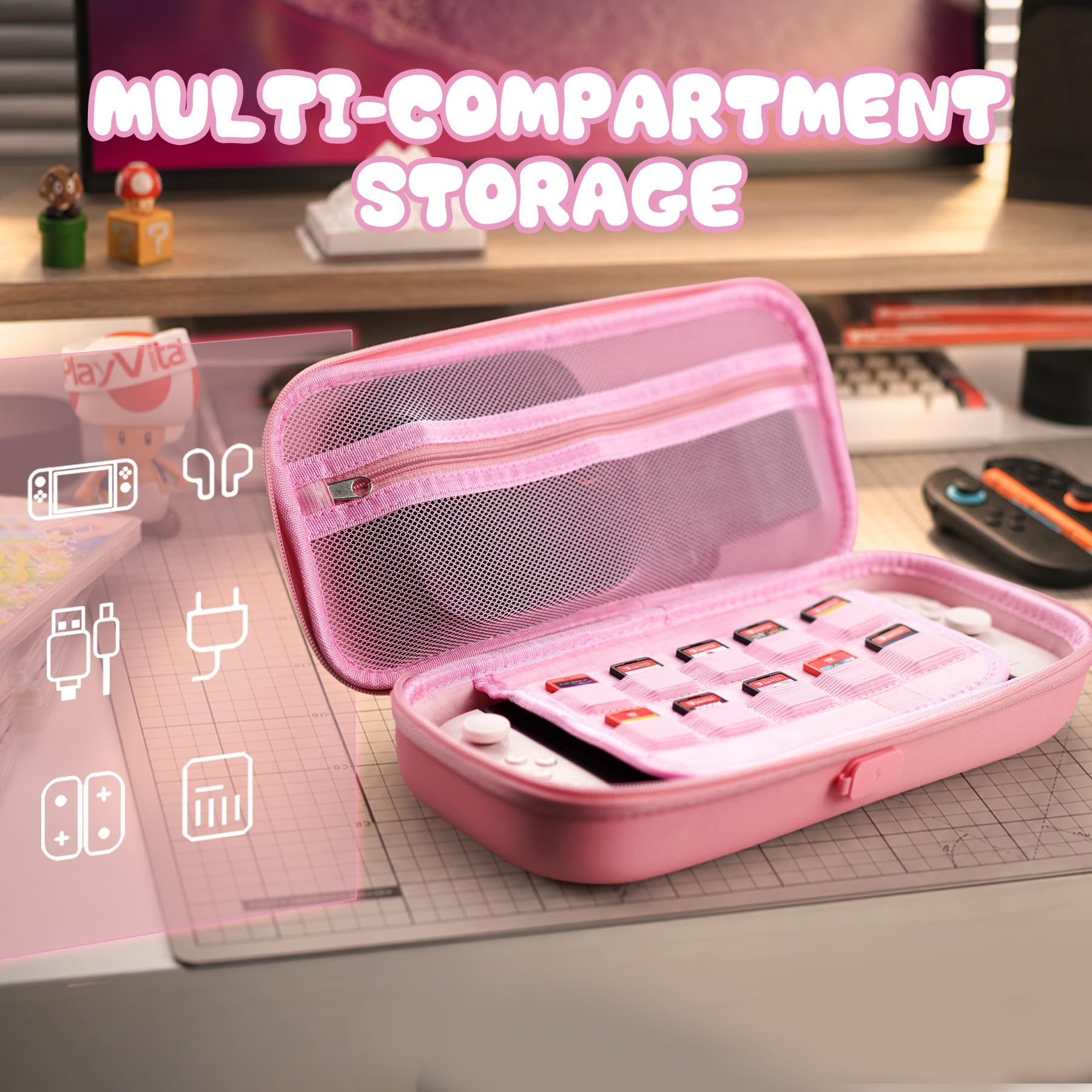 PlayVital Etui Przenoszenia kompatybilne z Switch 2 | Twarda Obudowa Przenośna do Switch 2 z 10 Gniazda na Karty do Gry i Silikonowym Portem Ładowania-Różowy Kotek Kwiaty Wiśni