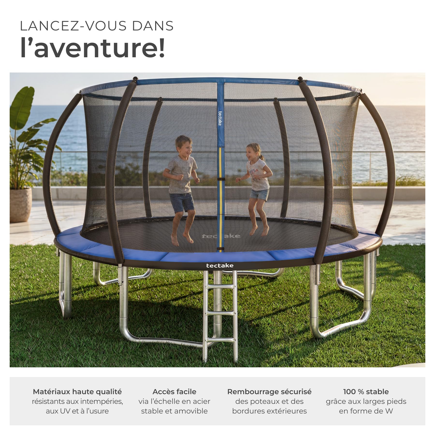 tectake® Trampoline, Trampoline de Jardin, Ø 244/305/366 cm, Certifié GS, Équipement Sportif pour Entraînement, Endurance et l'Équilibre, Filet de sécurité pour Enfants, Échelle, Bordure rembourrée