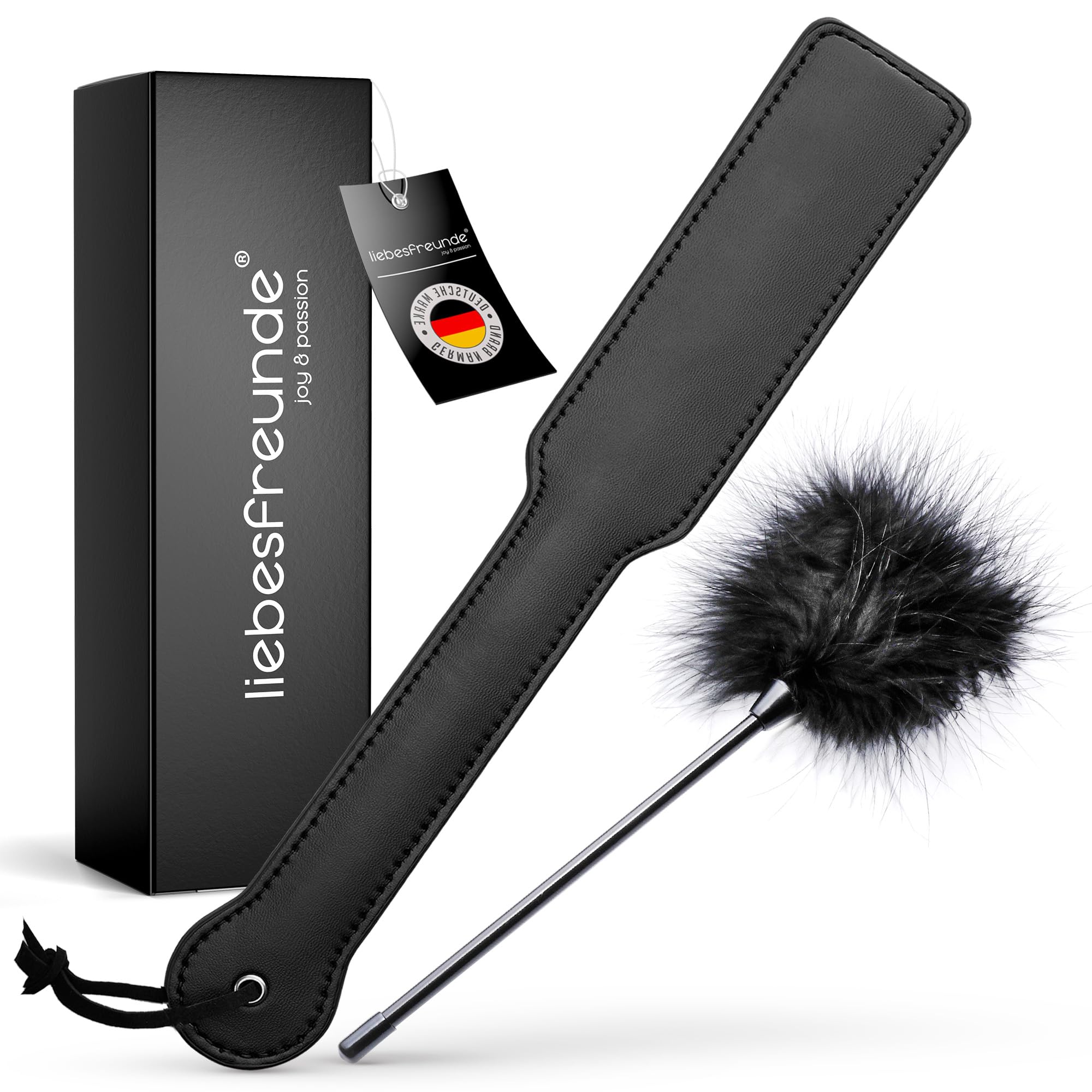 Liebesfreunde® Sex Paddel inkl. Federkitzler, BDSM Peitsche Sex Spielzeug für Paare, SM Flogger, Gerte, Bondage Zubehör