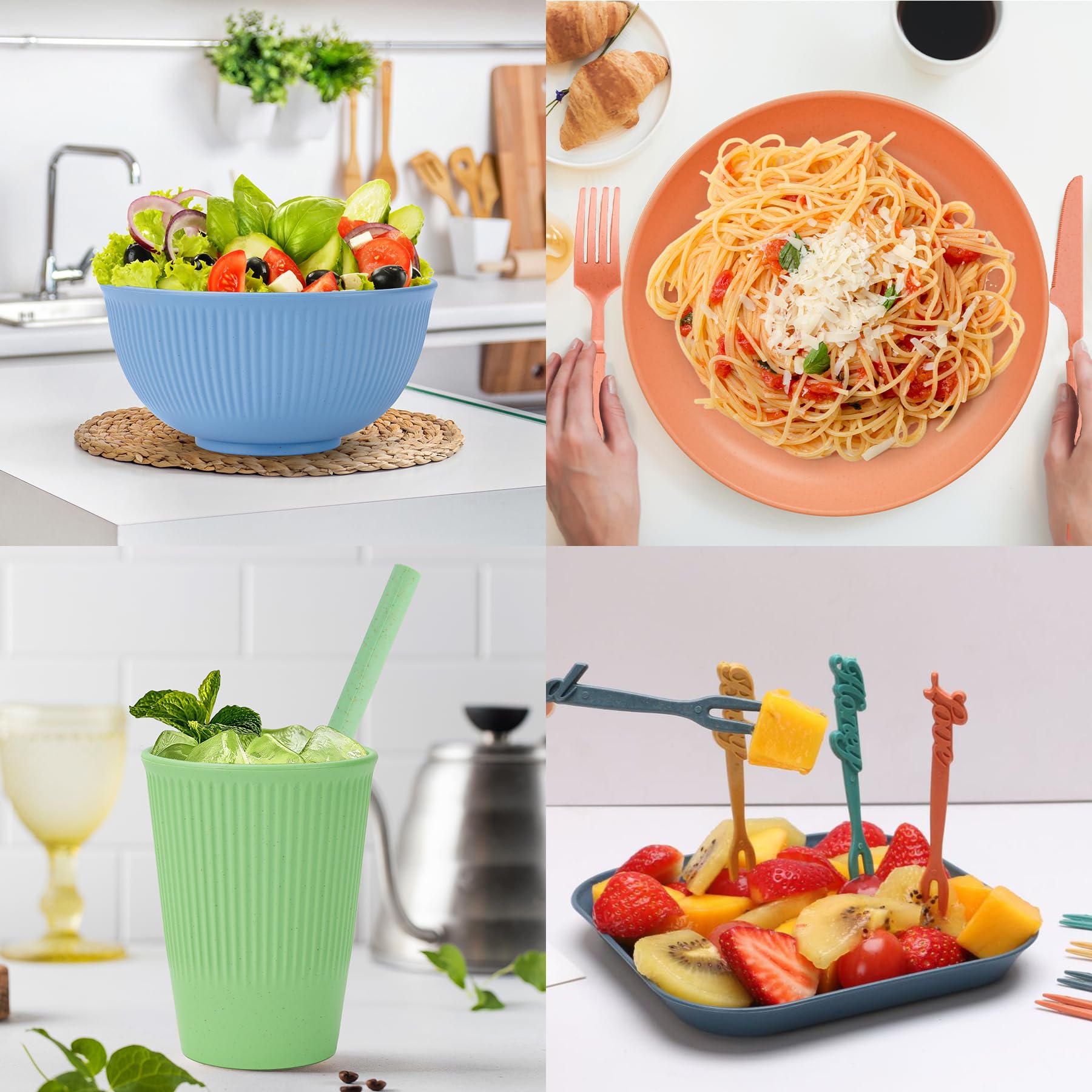 Set di stoviglie infrangibili per 6 persone, 66 pezzi, piatti e ciotole in plastica, piatti in plastica leggera, riutilizzabili, ciotole, tazze, posate, cannuccia, forchette, set di stoviglie per