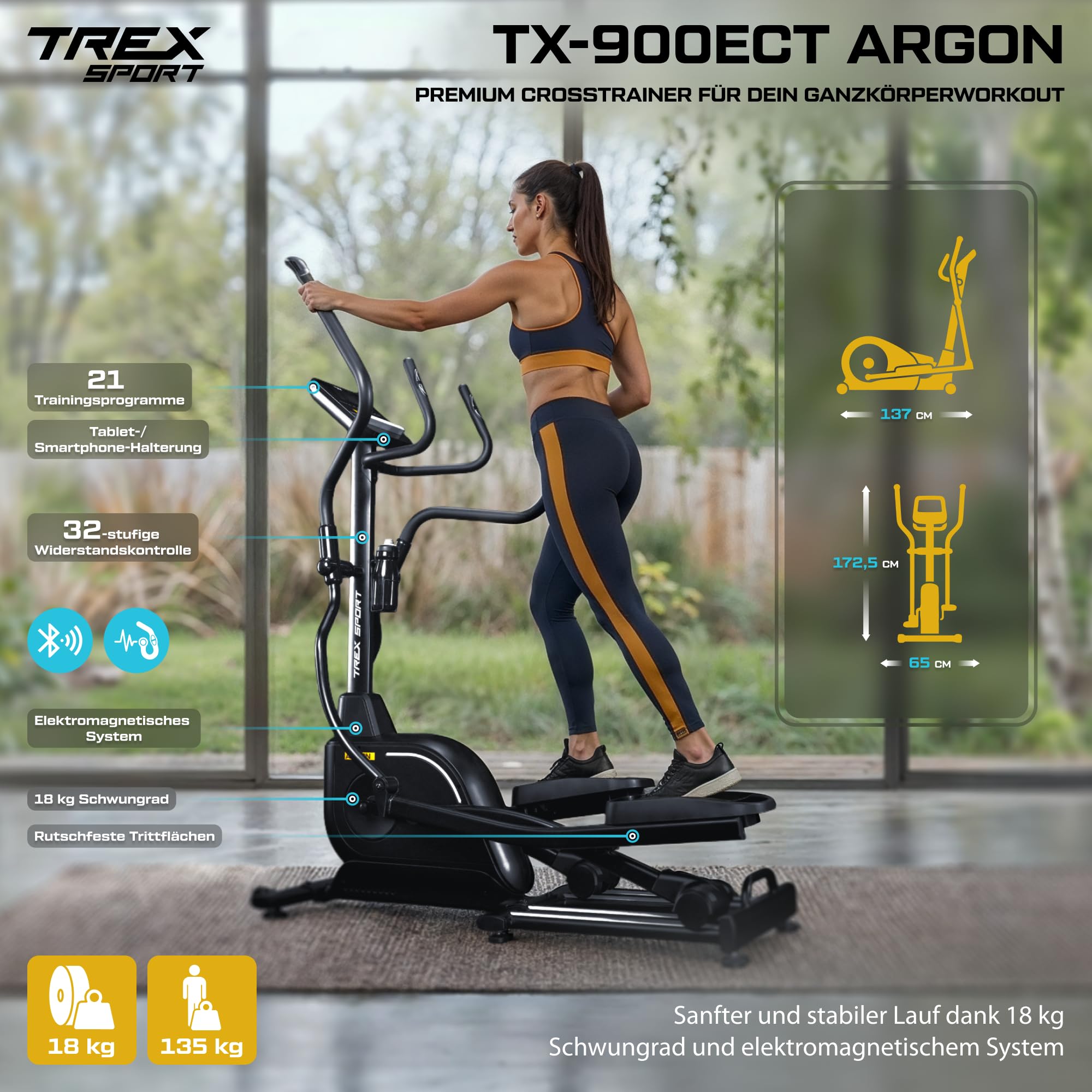 TREX SPORT Crosstrainer für zuhause Argon bis 135kg 32 Stufen Kinomap App | TX-900ECT Ellipsentrainer mit elektromagnetischem System, 18 kg Schwungrad, 32 Widerstandsstufen, 21 Programme, Schwarz