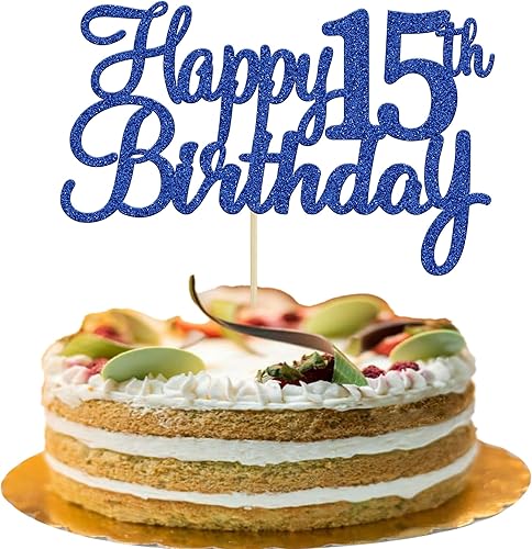 Gyufise 1 decoración para pastel de cumpleaños número 15 con purpurina azul para tarta de cumpleaños de 15 años, 15 años, decoraciones fabulosas