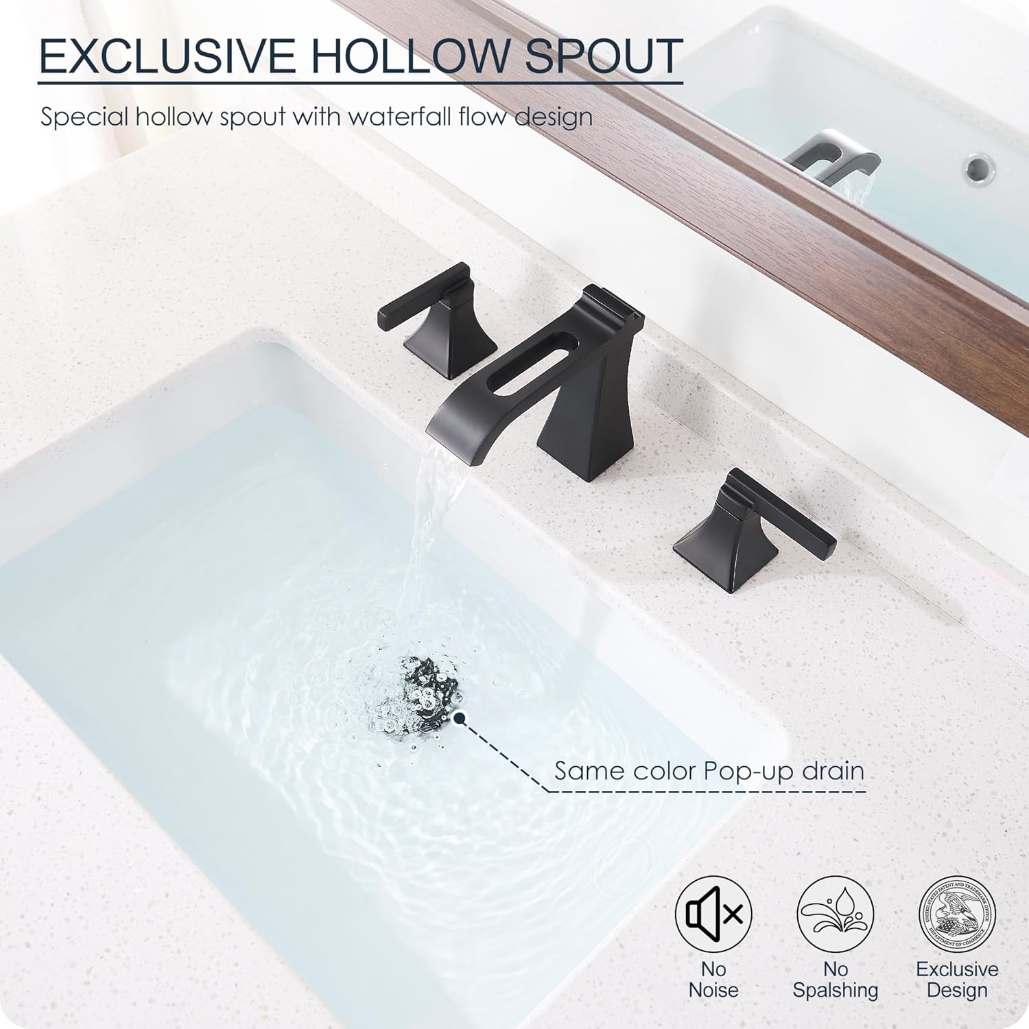 Matte Black Waterfall Bathroom Faucet 3 Hole, Brass 8 Inch Widespread Bathroom Sink Faucet Included Pop-Up Drain, 2 Handles & Pre-Connected cUPC Hose for Vanity, Modern Hollowed Design