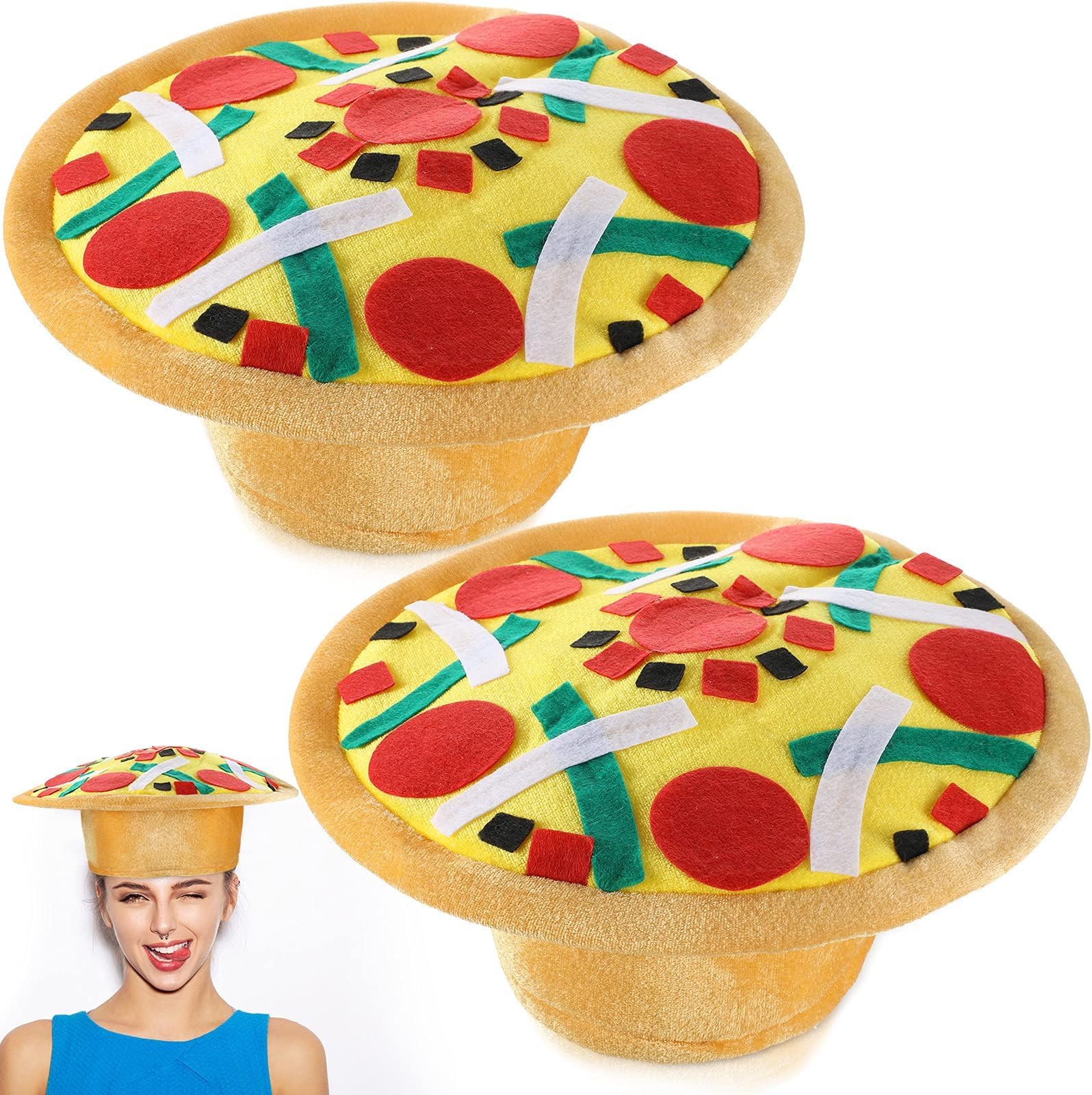 NALACAL Funny Pizza Hat, Crazy Silly Hat Fun Party Toy Play, Hat with Felt Toppings and Plush Fabric, Novelty Costume Accessories Pizza Party Supplies Decoration for Carnival, Dramas (2 Pieces)