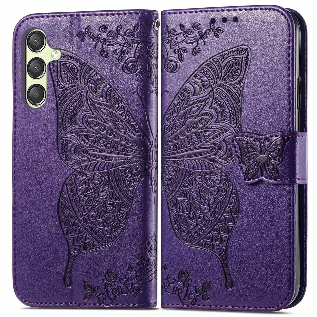 KRHGEIK for Galaxy A25 5G Phone Case Wallet,Women Flip Cover with Credit Card Holders Butterfly Embossed PU Leather Kickstand Wrist Strap Purse Case for Samsung A25 5G (Purple)