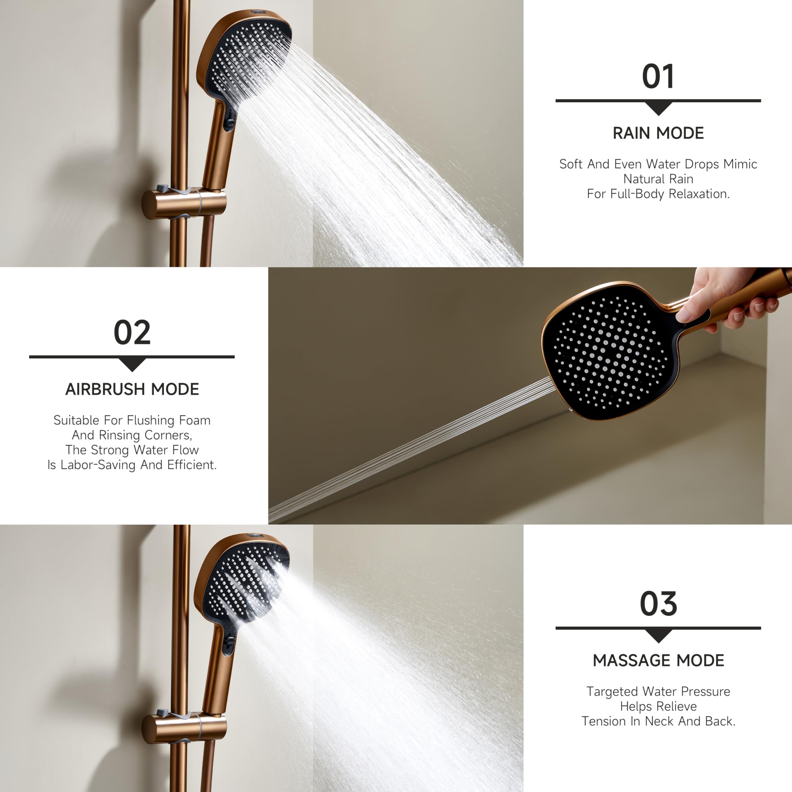 Colonna doccia,Set doccia con doccetta e bocca inferiore,Set doccetta con 2+1 tipi di getto,Doccia regolabile in altezza e angolazione,Oro rosa spazzolato Kit doccia completo