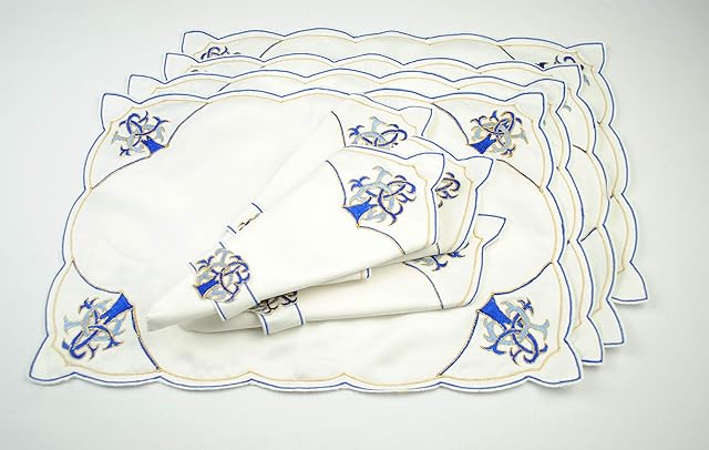 Set of 4 Table Place Settings (4 Placemats/4 Napkins) in a Blue Celtic Tree of Life Design.