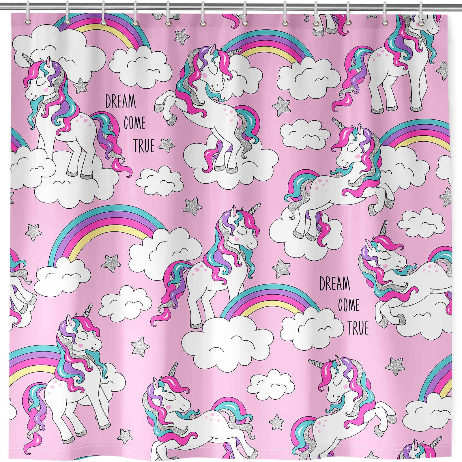 ANHOPE Unicorn Shower Curtain Waterproof Polyester Fabric Bathroom Curtain Rainbow Unicorn Cloud Bathtub Drapes Mould and Mildew Resistant Bath Decor Set with 12 Hooks 180 x 180 cm