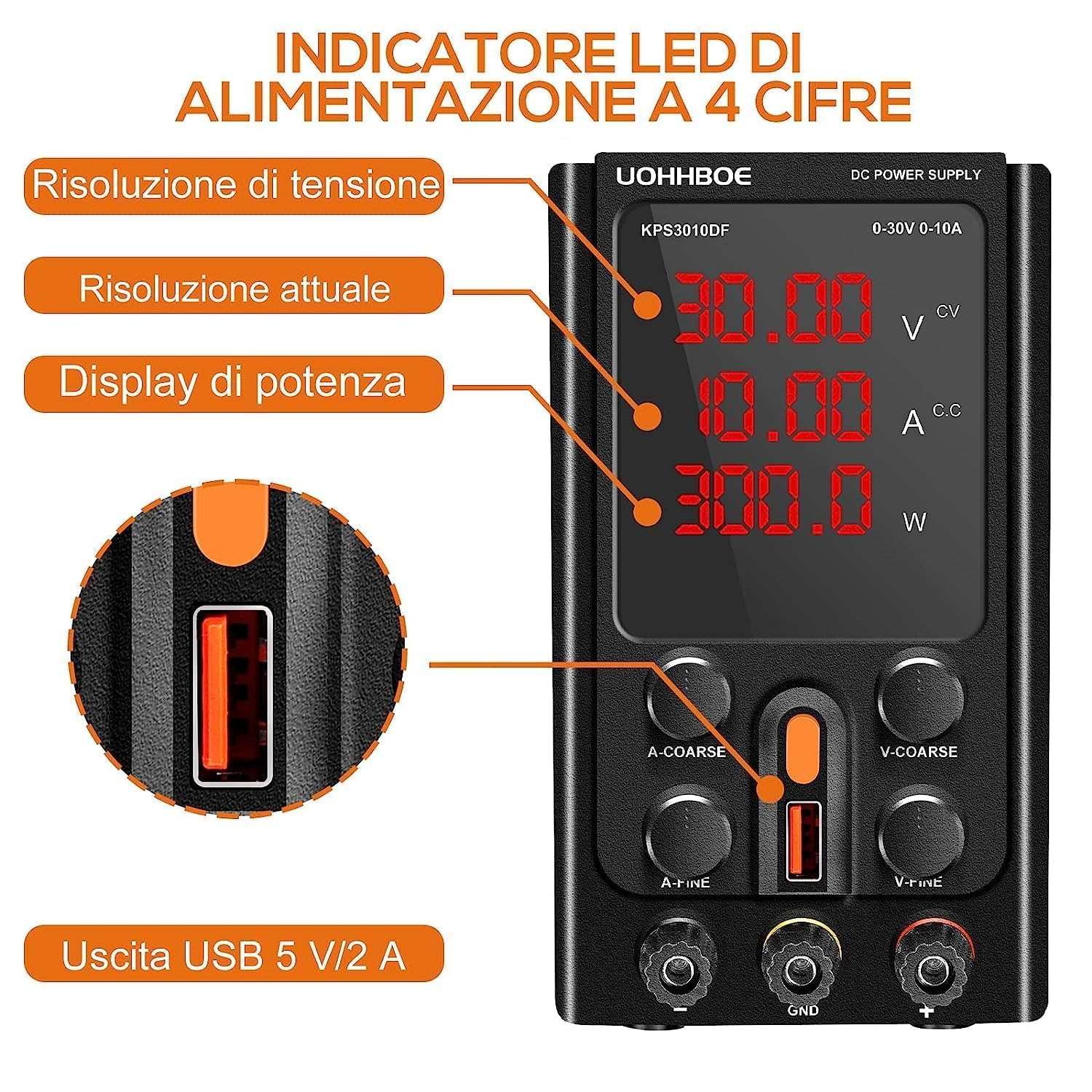 UOHHBOE Power Supply for Laboratory 30V/10A DC Adjustable with 4-Digit Led Display USB Connection 5V/2A Crocodile Cable