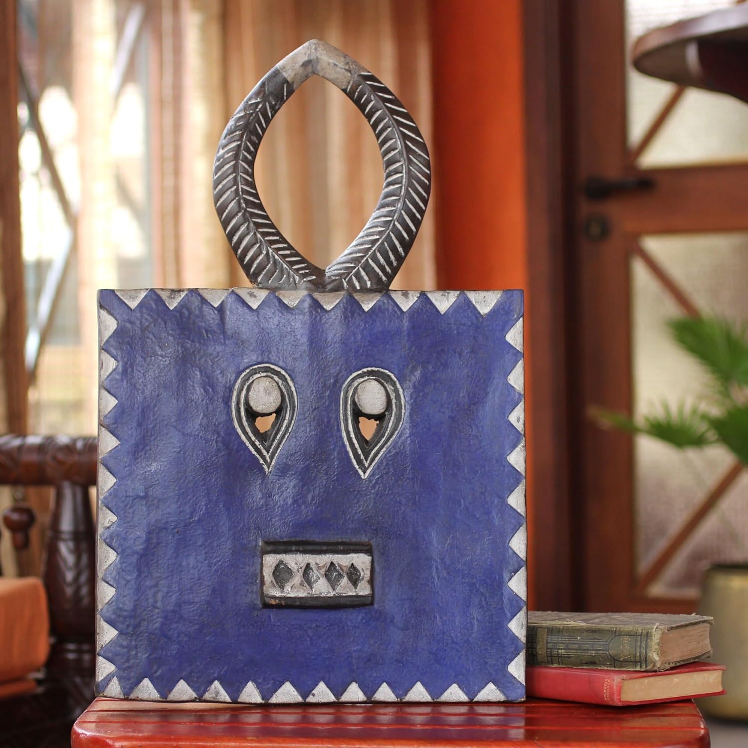 NOVICA Decorative Large Wood Mask, Blue 'Baule Indigo Moon'