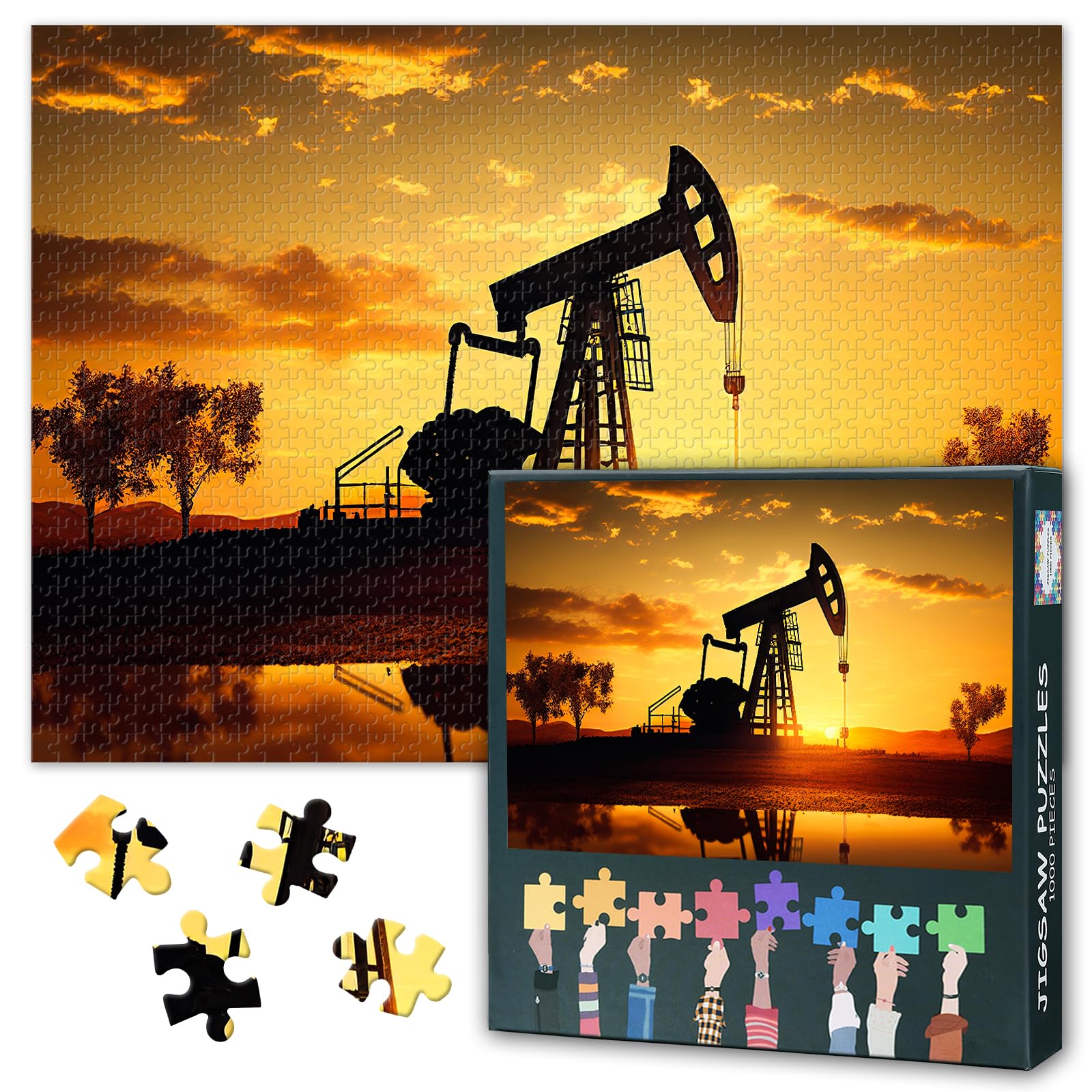 Jigsaw Puzzle 1000 Pieces for Adults Oil Pump Rig at Sunset Petroleum Industry Energy Machine Industrial Landscape Wall Art Large 27.5x19.7 Inch