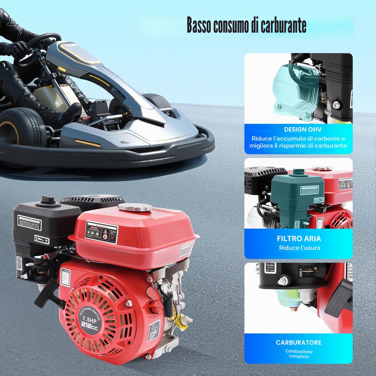 MINRS 212 cc, motore a benzina a 4 tempi, 1 cilindro, generatore Go-Kart 20 mm, 7,5 Hp, potenza di funzionamento di 4000 Watt