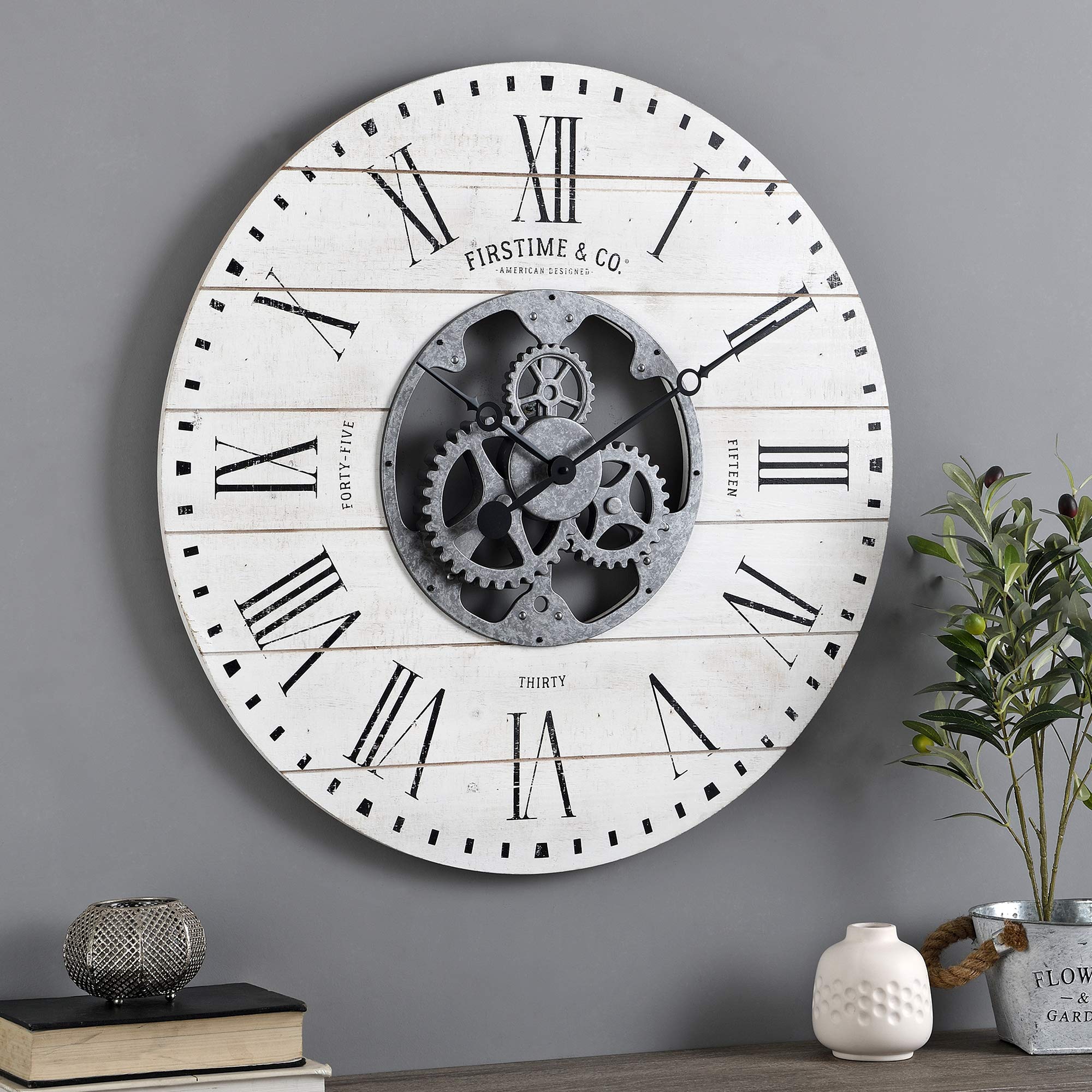 FirsTime& Co. Shiplap Gears Wall Clock, 27", Aged White