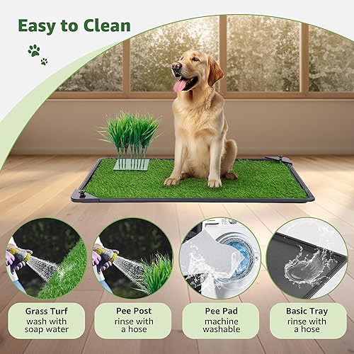 Miniatura 6 de Almohadilla de césped para perro con bandeja, parche de césped artificial con poste de orina para perros, tapete lavable para orina de cachorro,