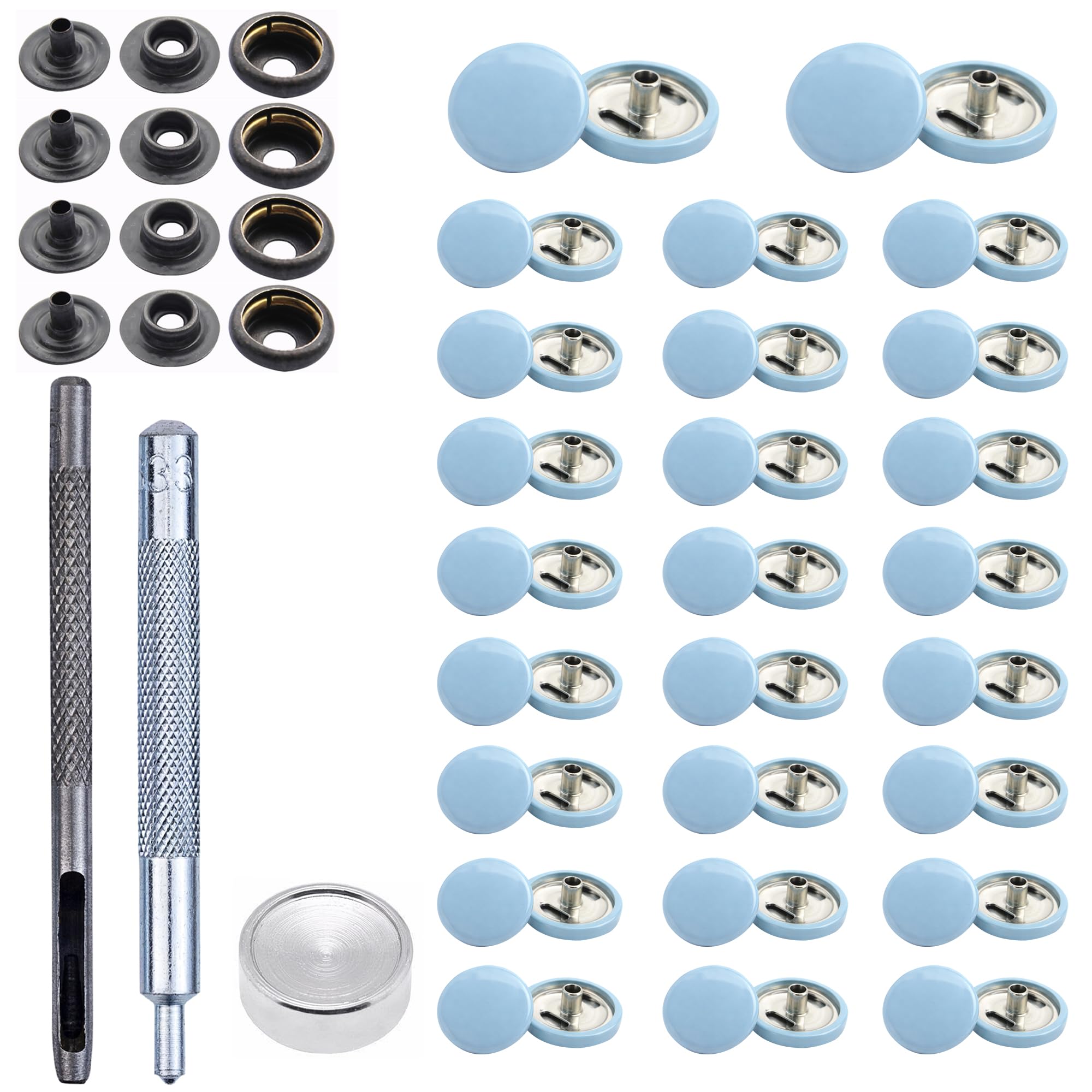 Weddecor Beige 15mm Botones a Presión Metal Resistente Níquel Libre Poppers 4 Partes Cierres Remaches Botón con 3 Set Mano Fijación Herramienta para Cuero Manualidades Chaquetas Bolsas Tiras Jeans -