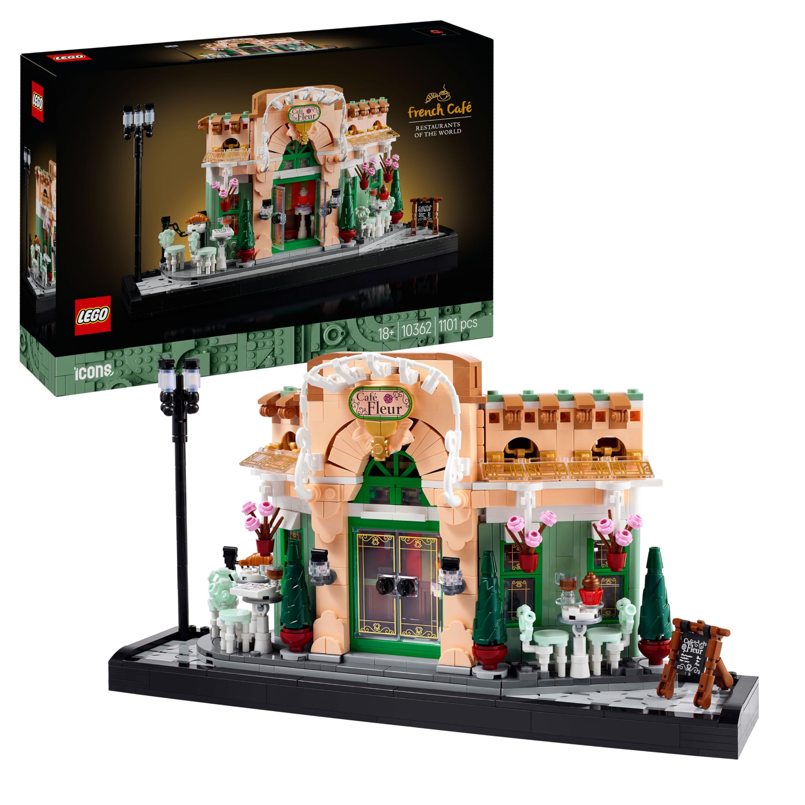 LEGO Icons Fransız Kafe 10362 - Yetişkin Kadın ve Erkekler için Süslü Koltuklar ve Asılı Saksılar İçeren Koleksiyonluk Dekoratif Model Yapım Seti, Ev veya Ofis Dekoru Kendin Yap (1101 Parça)