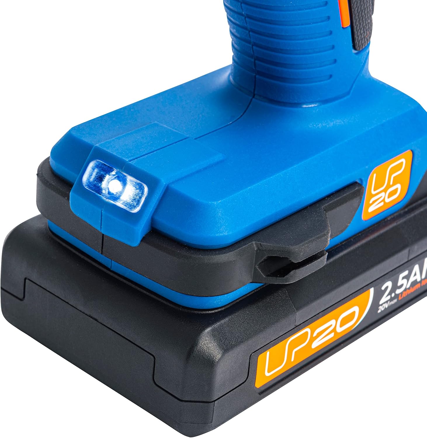 Close-up of the DEXTER impact drill's LED light and battery connection