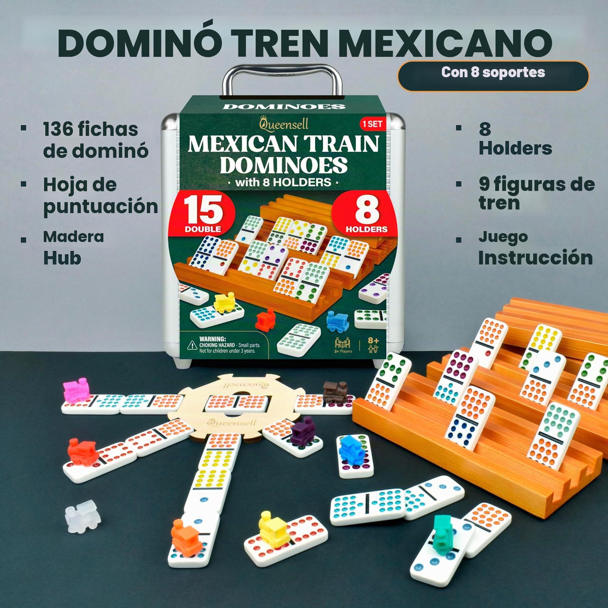 Queensell Juego de doble tren de dominó mexicano 15 con 8 asas - soportes de cubo y azulejos de madera - doble 15 con puntos (D15 + 8 asas)