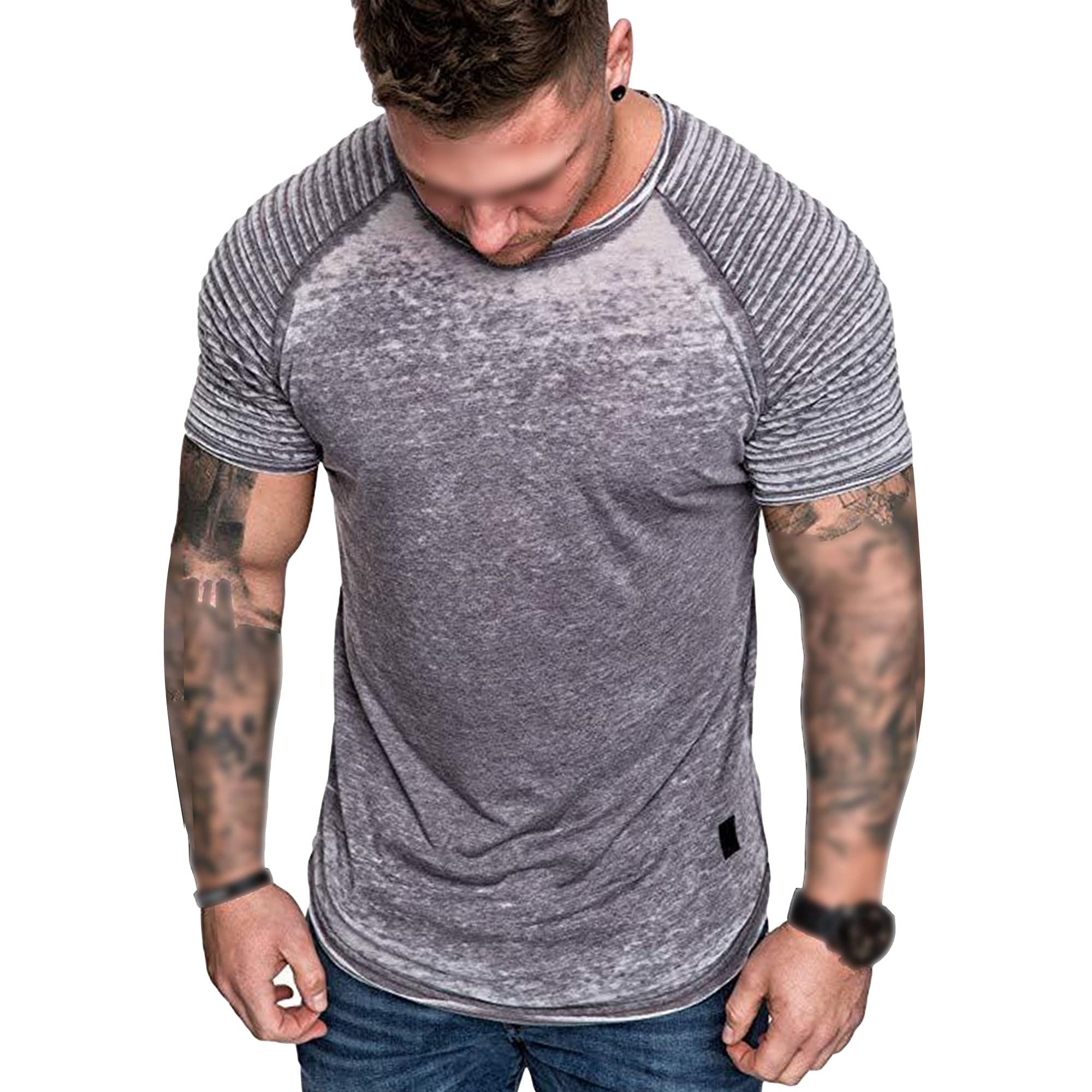 Mens Fashion Pleated Raglan Workout T Shirts Muscle Gym Athletic Short Sleeves Hipster Bodybuilding Tee Top