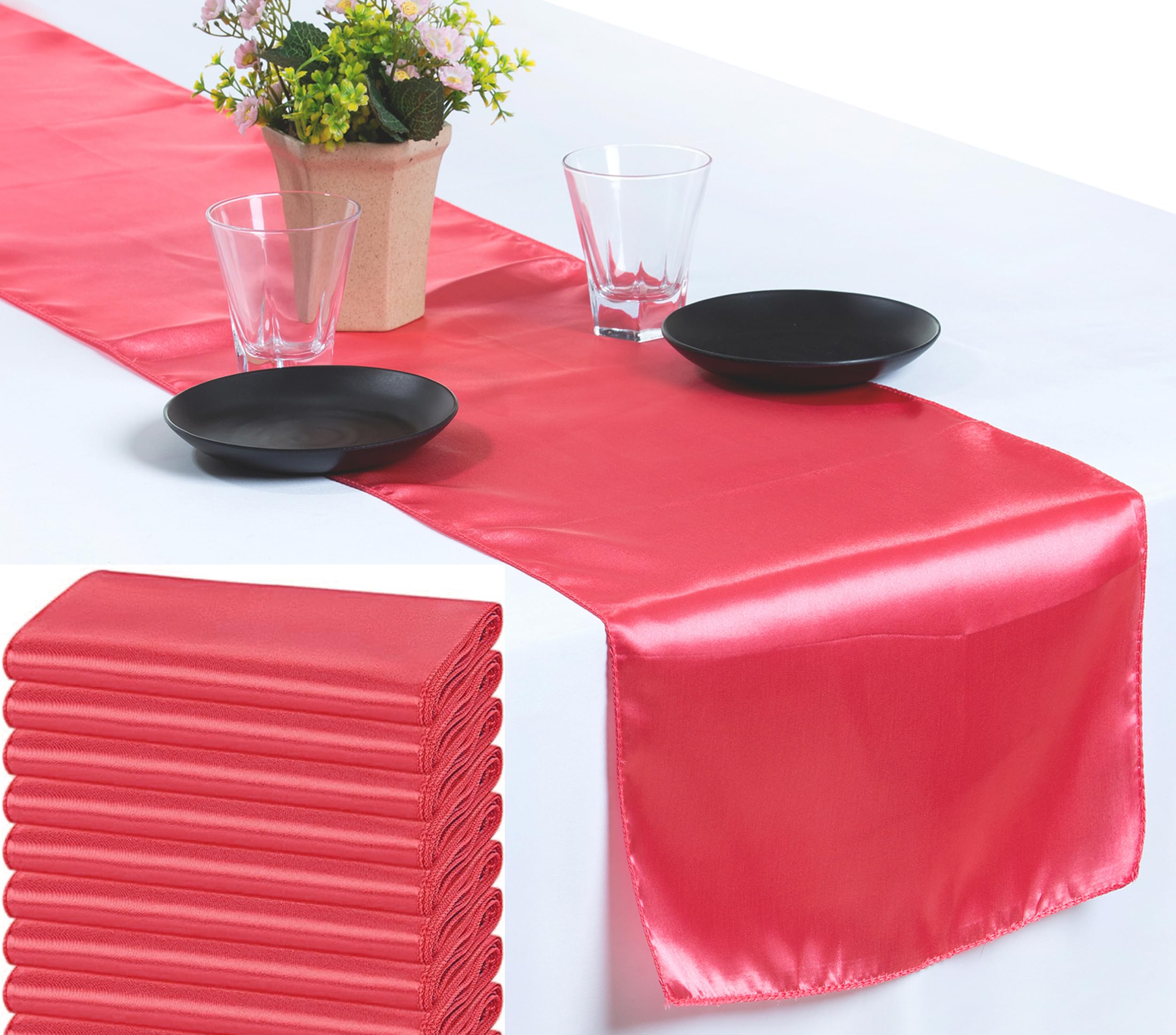VDS Pack of 30 Satin Table Runners for Wedding & Party Décor 12” x 108”, Smooth Glossy Sateen Fabric Runner, Dining Table Decoration for Reception Banquet & Events Hotel Restaurant - Coral