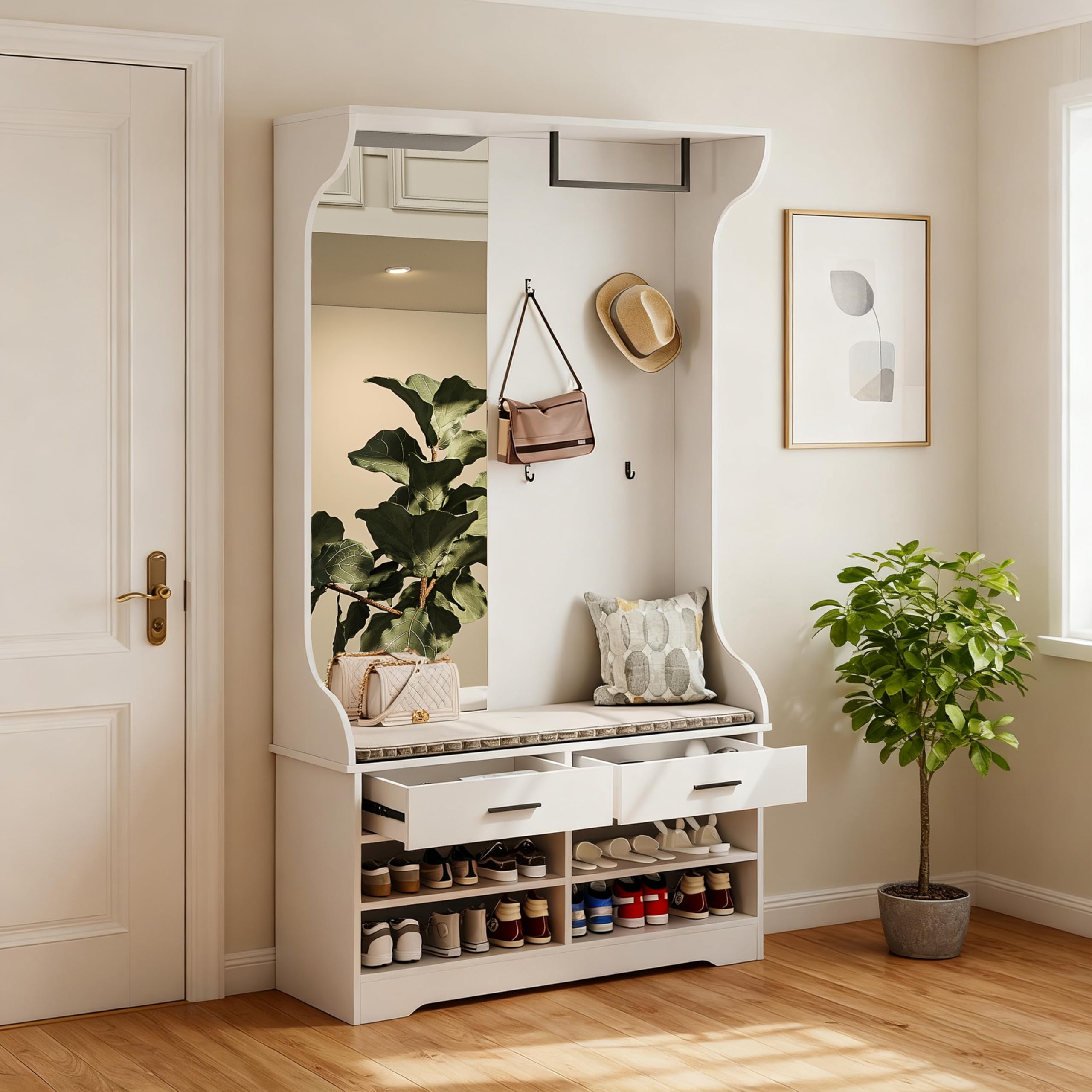 GDMDPTE Wooden Shoe Cabinet with Bench & Hooks Entryway nizer with Mirror & Drawers 180x35x104 cm Independent White Shoe Storage Fur for Hallway