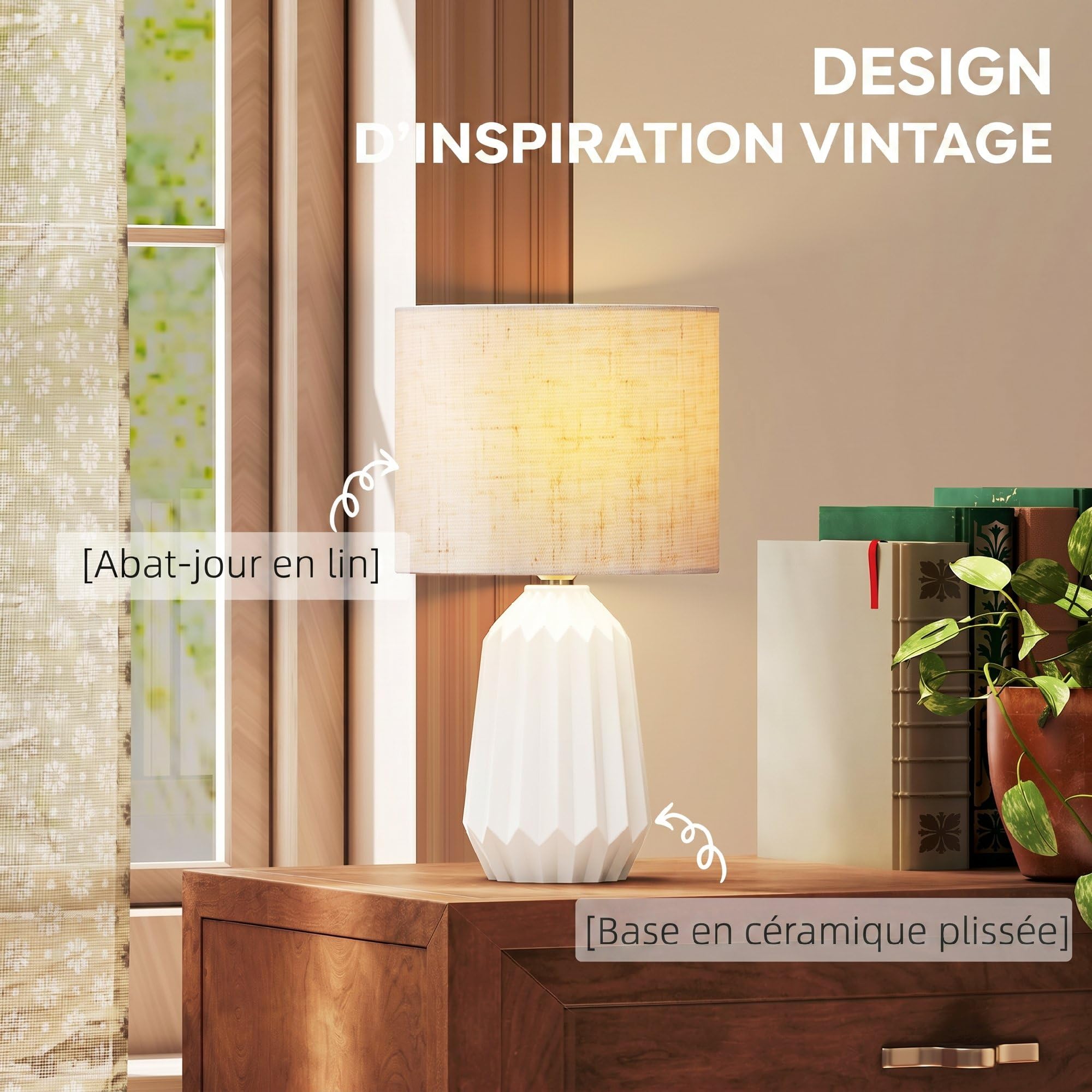 HOMCOM Lampe de Table avec Base en Céramique, Culot E27, Blanc et Beige