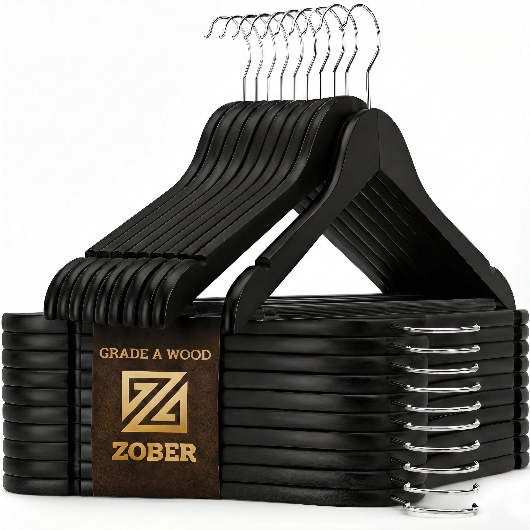 ZOBER High-Grade Wooden Suit Hangers with Non Slip Pants Bar Smooth Finish