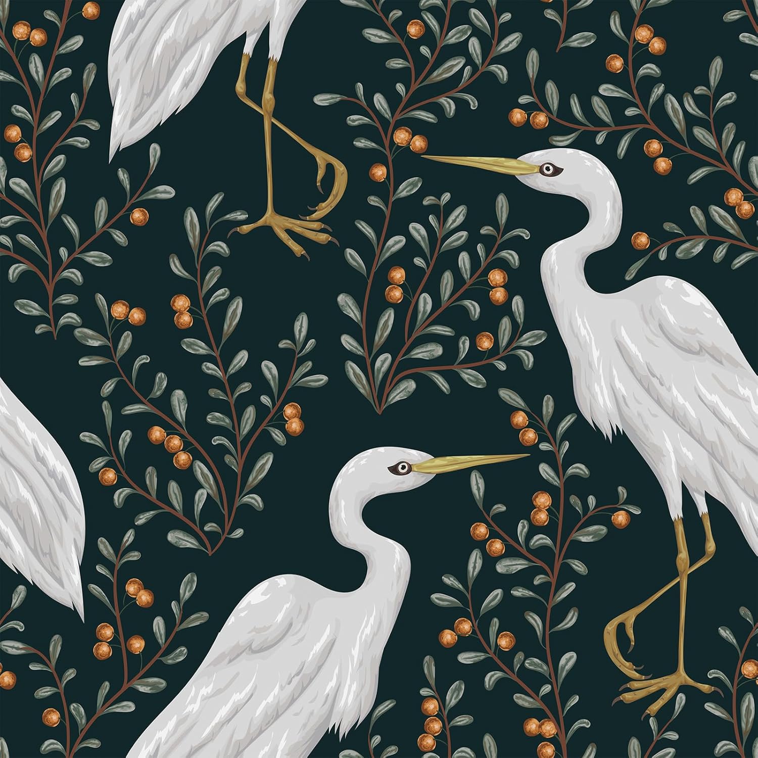 FunStick 17.5"x354" Black Bird Peel and Stick Wallpaper Vintage Moody Dark Green Leaf White Crane Removable Wallpaper for Bathroom Bedroom Walls Waterproof Contact Paper Peel and Stick for Cabinets