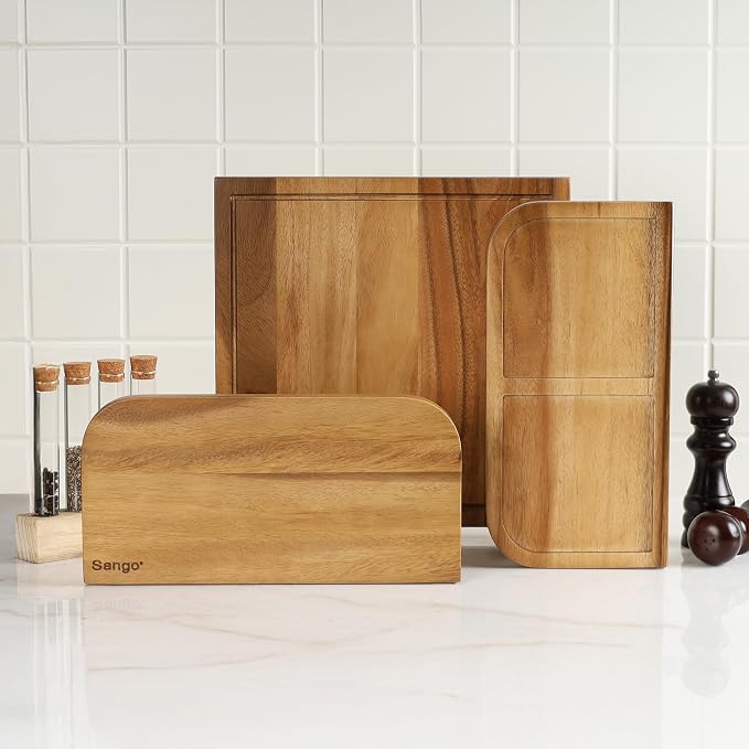 Sango Acacia Cutting Board Set with Juice Grooves and Stand, 3-Piece- Wood Chopping Boards, Stackable & Reversible for Kitchen, Non-Toxic, Perfect as Butcher Block Countertop, Atelier