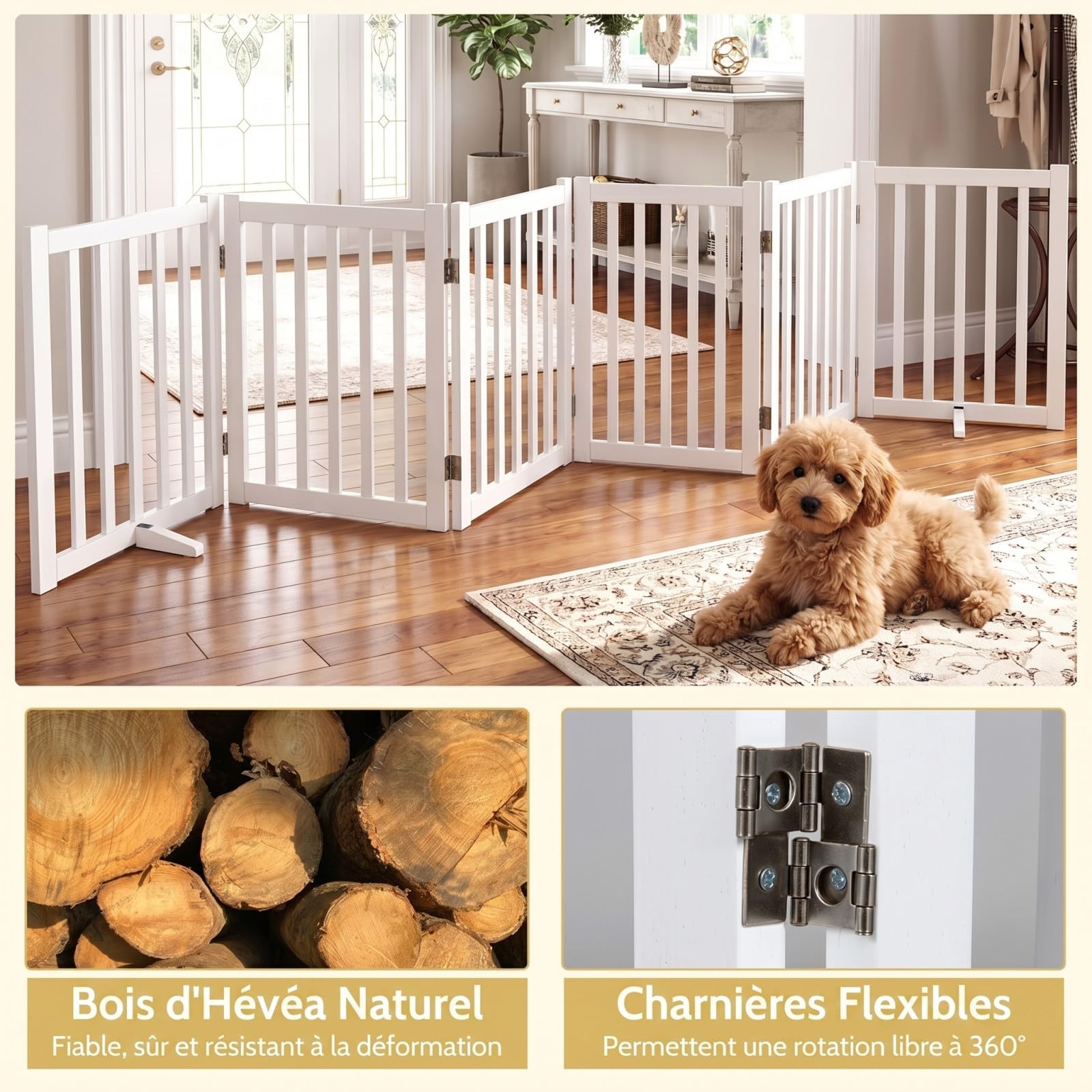 COSTWAY Barriere de Securite Chien Pliable 306 x 61 cm, 6 Panneaux en Bois d'Hévéa, Barriere Chien Chat Doucle Face, Aucun Montage Nécessaire, 3 Pieds de Support, pour Salon Cuisine Escalier