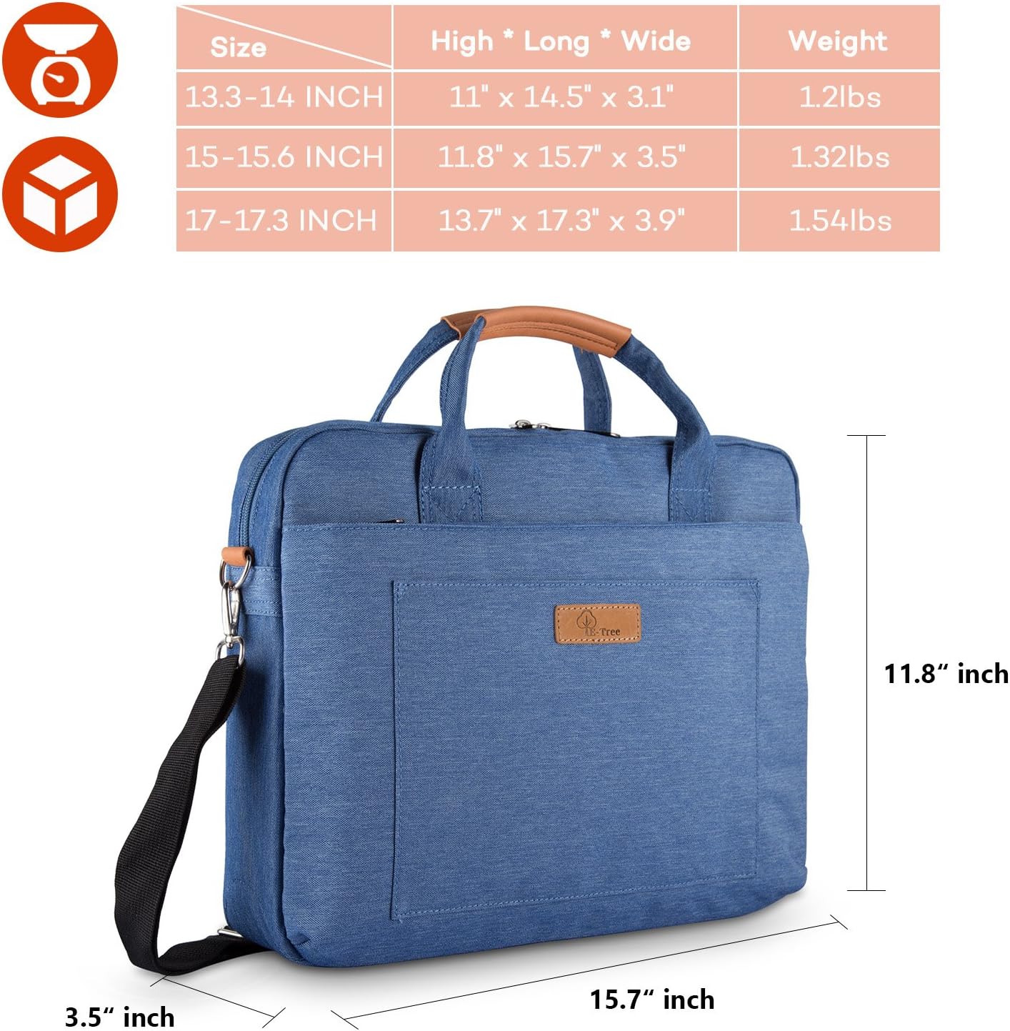 E-Tree Laptop Bag, 15.6 inch Shockproof Padded Laptop Case Briefcase Computer Bag Messenger Bag Work Bag 15 inch for Men Women Blue