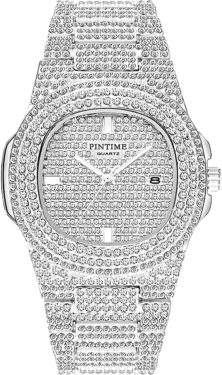 FANMIS Relojes de Diamantes de Cristal de Lujo Unisex Reloj analógico de Cuarzo de Moda de Oro Plateado Pulsera de Banda de Acero Inoxidable Cara Grande Mujer Hombre