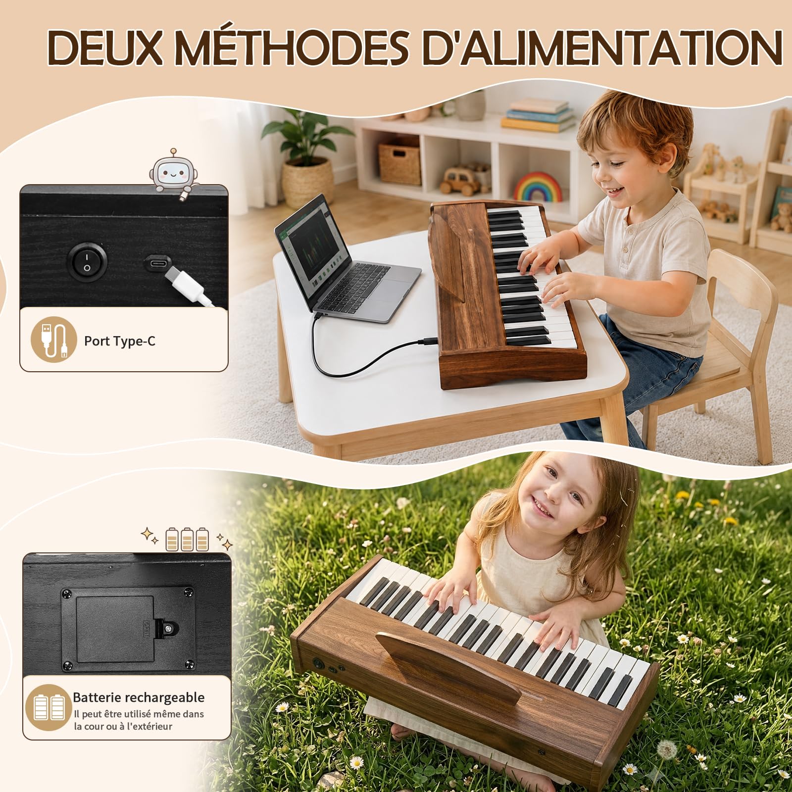 Piano Numérique Enfants 37 Touches, Instrument Éducatif de Musique (Noyer)