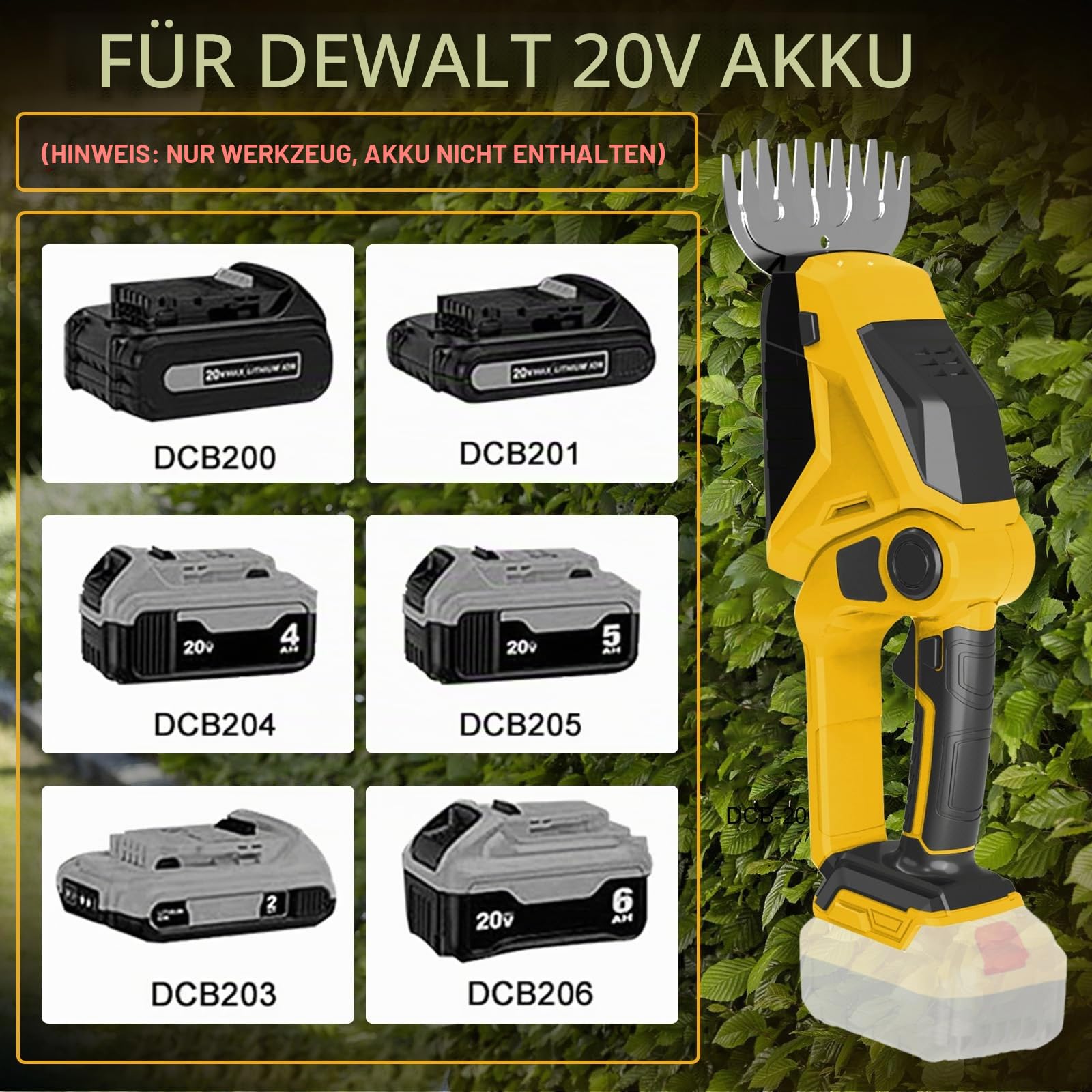 150 W Akku Heckenschere & Grasschere für Dewalt 20V Akku (ohne Batterie) | 90° Verstellbare, Elektrische Strauchschere, mit 2 Aufsatzklingen, zum Schneiden von Strauch und Gras