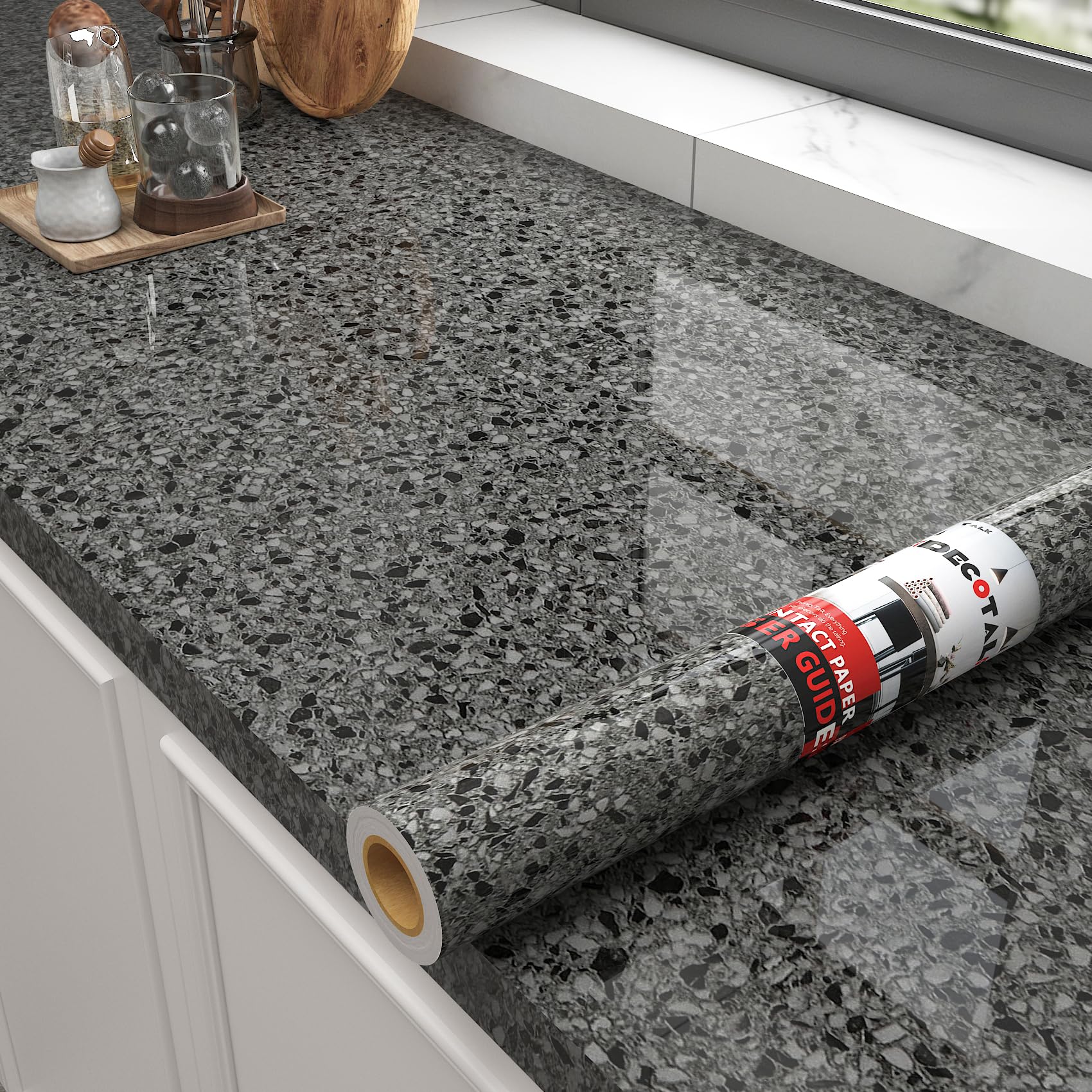 Decotalk Black Granite Contact Paper 30"x120" - Glossy Terrazzo Peel and Stick Waterproof Wallpaper for Kitchen Countert