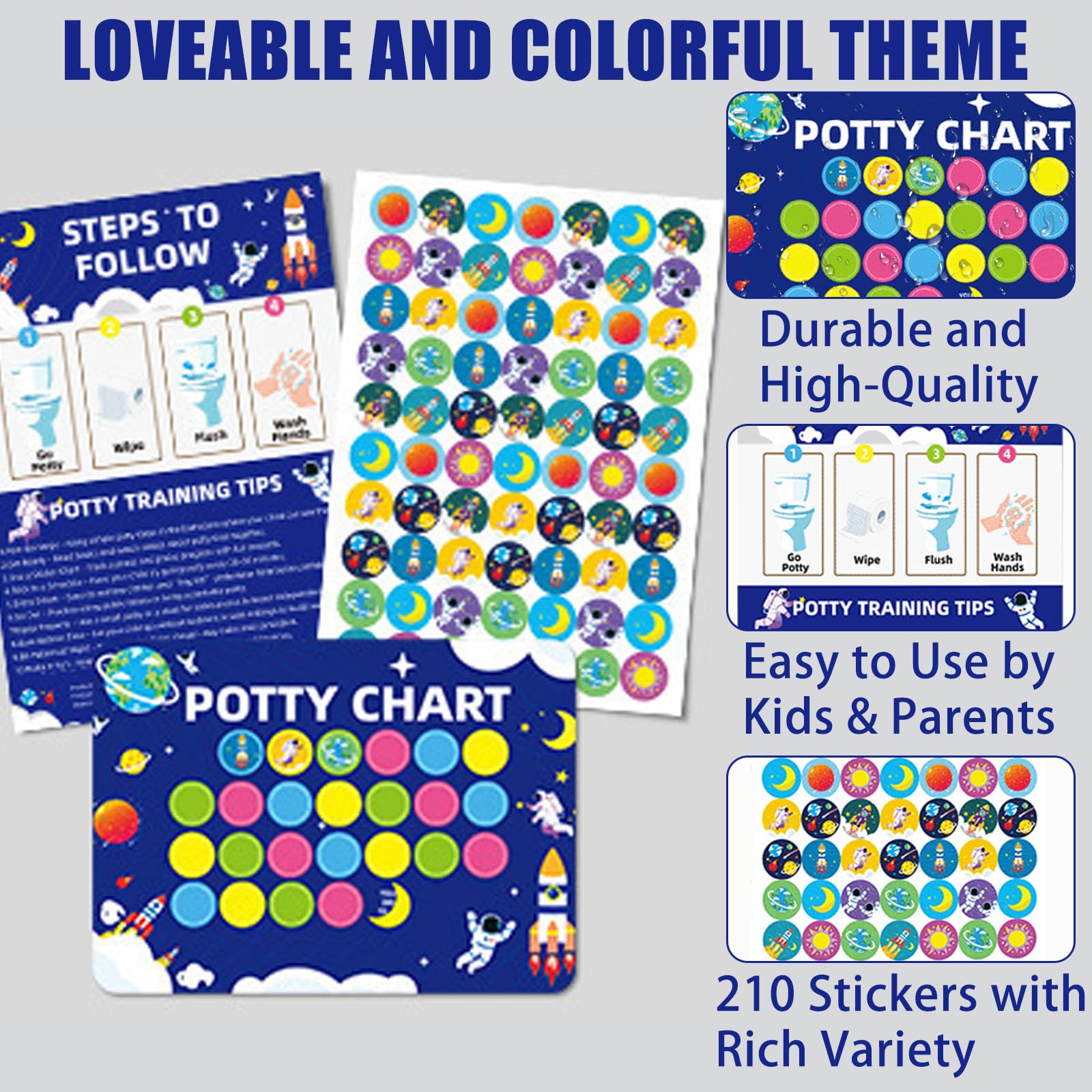 10 Sheet Potty Training Reward Chart,Toilet Training Reward Chart,with 210 Pcs Potty Training Stickers,for Boys Girl Toddler Kids(Astronaut Themed) - Image 2