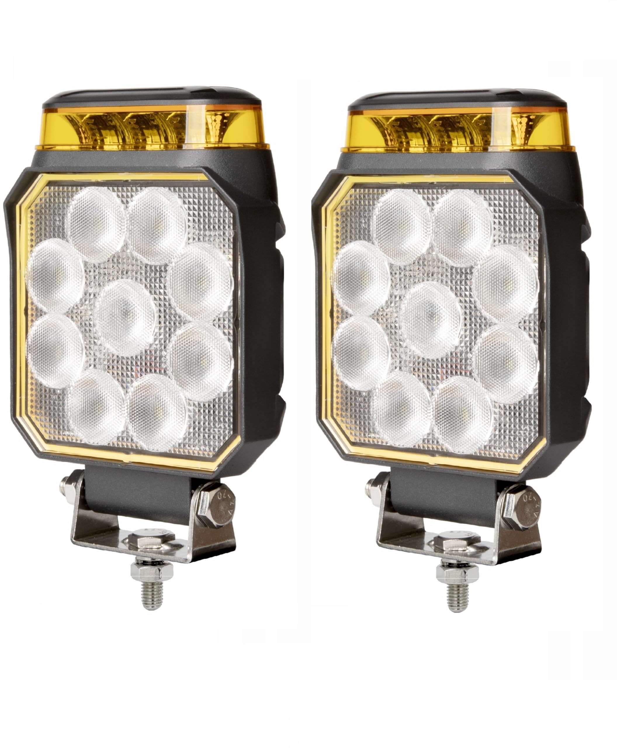 2 Phares de Travail LED avec Gyrophare LED 12V 24V 10W Faisceau Flood Blanc Feu de Recul Feu Antibrouillard + Feu de Pénétration Stoboscopique Flash Orange