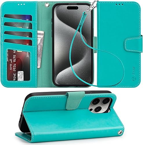 Miniatura 87 de Arae Compatible with iPhone 15 Case with Card Holder and Wrist Strap Wallet Flip Cover for iPhone 15 6.1 inch,Wine Red