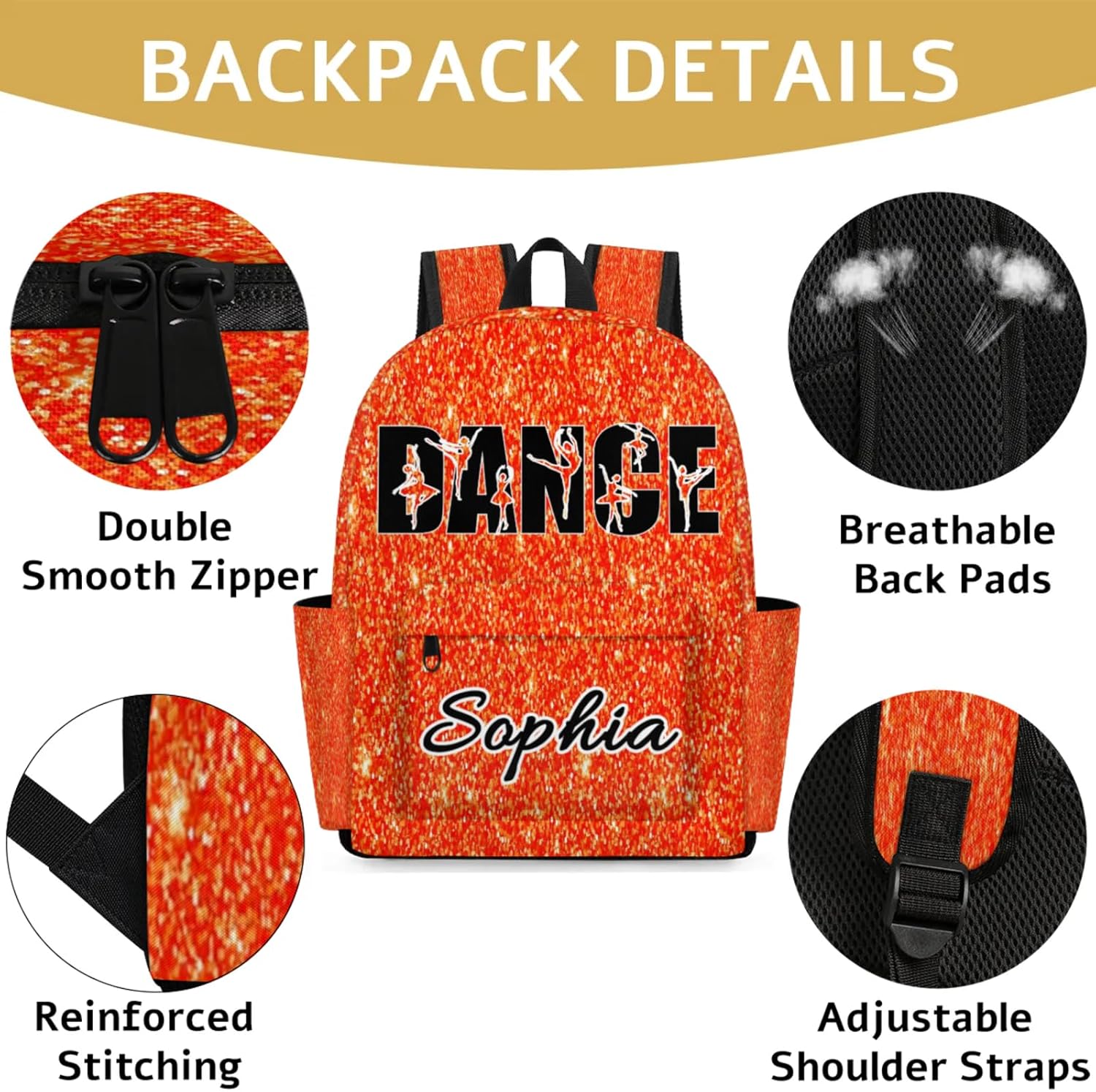Personalized Dance Backpack Bag for Women, Custom Large Capacity Shoulder Bags, Waterproof Ballet Casual Daypack, Orange Glitter