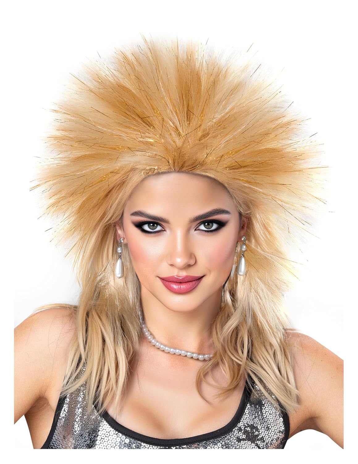 Spooktacular Creations Halloween Blond Spiked Rock in Roll Wig with Earrings and Necklace,80s Diva Wig Women Rockstar for Adult Big Spiky Hair Blond Rock Star Costume Cosplay Dress-up Party Accessory Gold