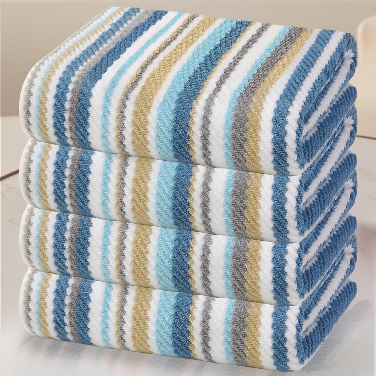 Striped Bath Towels Set (4PC, 28"x52") - 100% Cotton | Quick Dry | Soft | Absorbent, Luxury Bath Towels with Hanging loops, Light Weight Towels for Showering & Bathroom, Blue + Gray + Beige Stripes