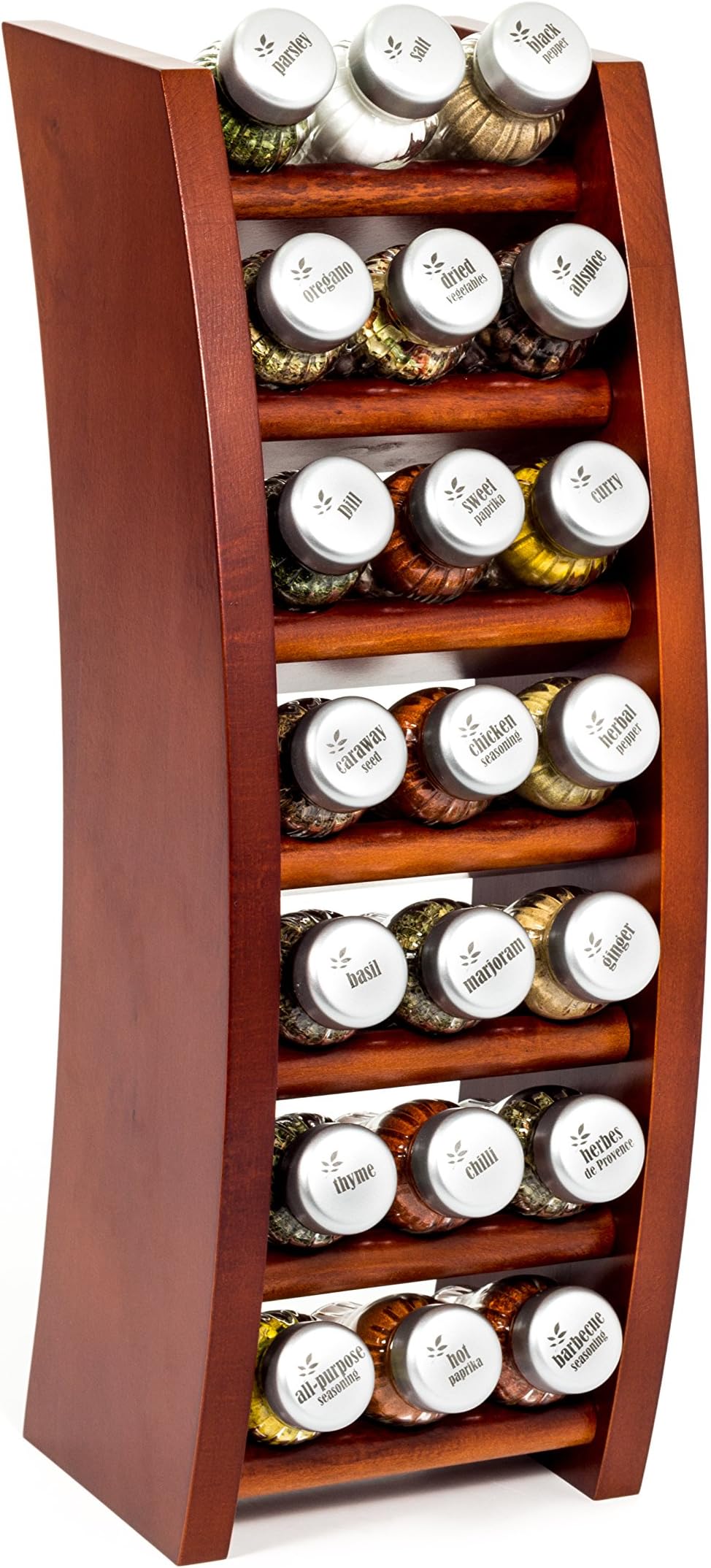 21 Jar Wooden Kitchen Spice Rack filled with Herbs and Spices + 2 Glass Jars Absolutely FREE! Made In EU- Poland- 21F brown. satin caps