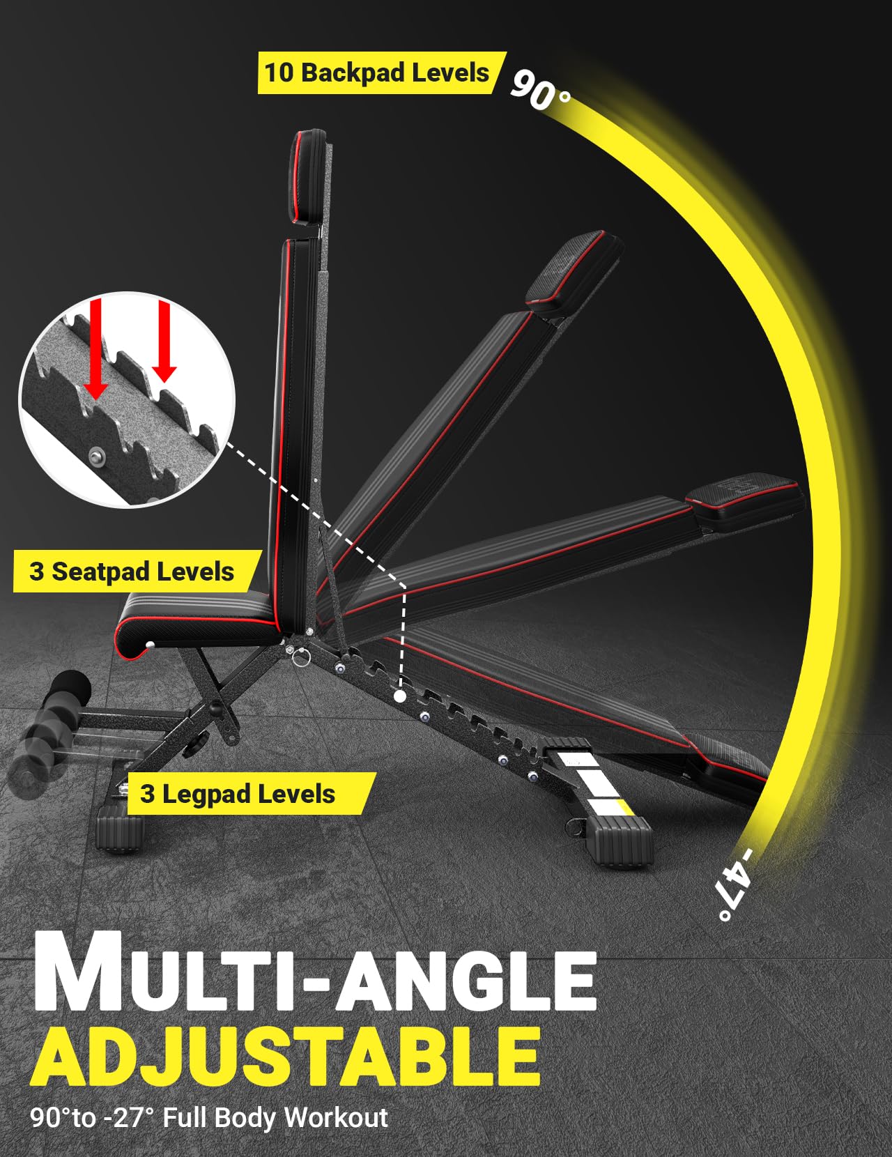 Adjustable Weight Bench, ASTM-Certified 827LBS, 98% Pre-Assembled | Foldable Gym Bench with 84 Positions Incline Decline Flat, Wider Seat for Home Gym, Extended Head Support