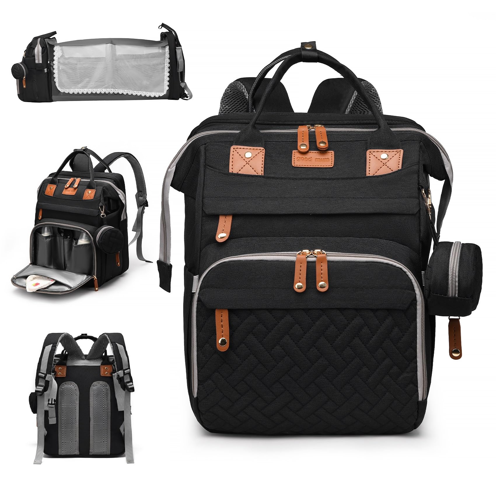 AHNTTGS Baby Diaper Bags with Changing Station, Large Capacity Diaper Bag Backpack for Moms Dads with USB Charging Port,Travel Baby Bag with Pacifier Case & Stroller Straps(Up-Black)
