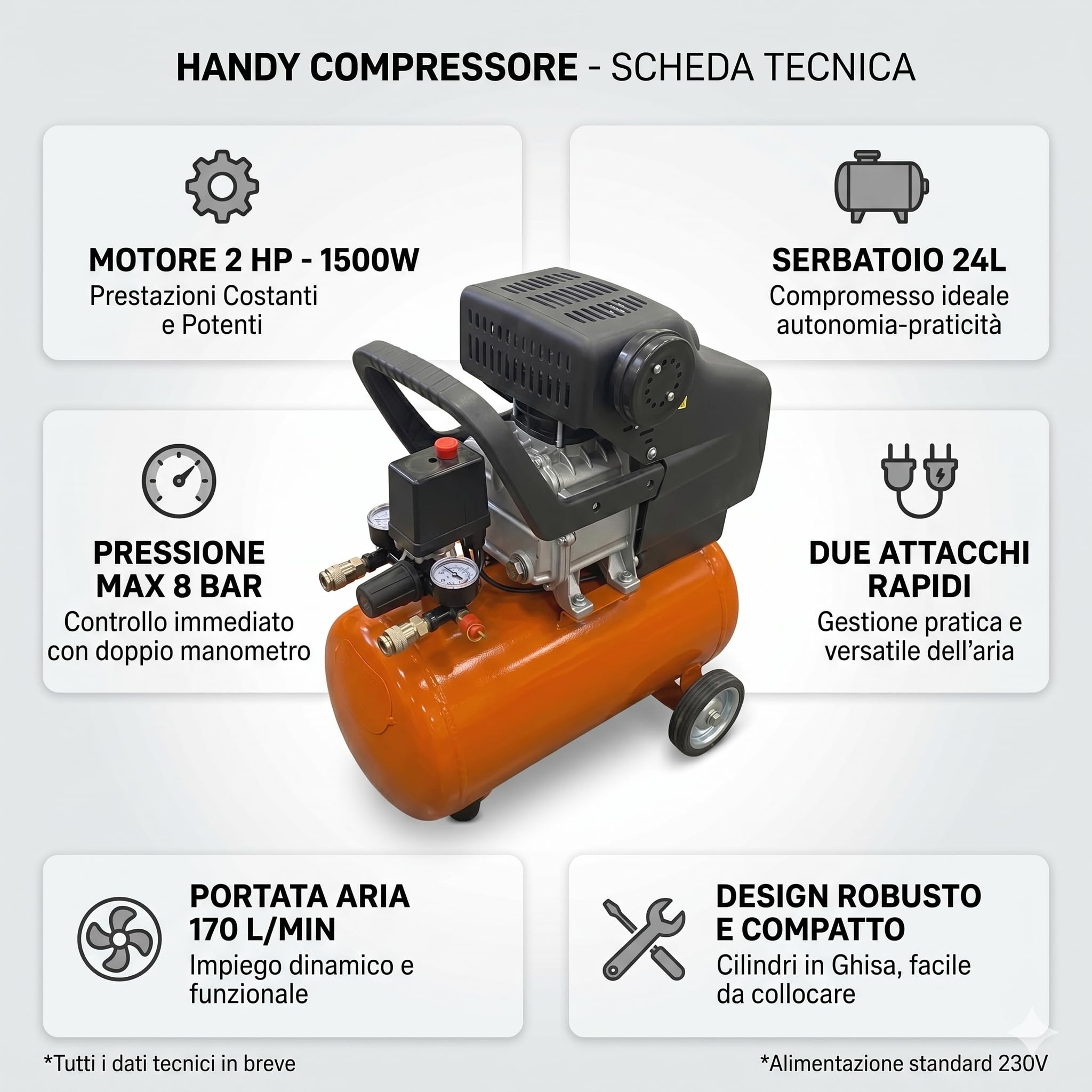 Compressore ad Olio Handy 24 LT - 2 HP - 8 Bar - 1500 W -230V