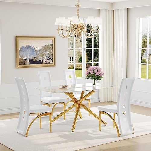 Miniatura 14 de Juego de mesa de comedor moderno de 63 pulgadas para 6 personas, juego de 6 mesas de comedor de cristal con patas de metal plateado, mesa de cocina