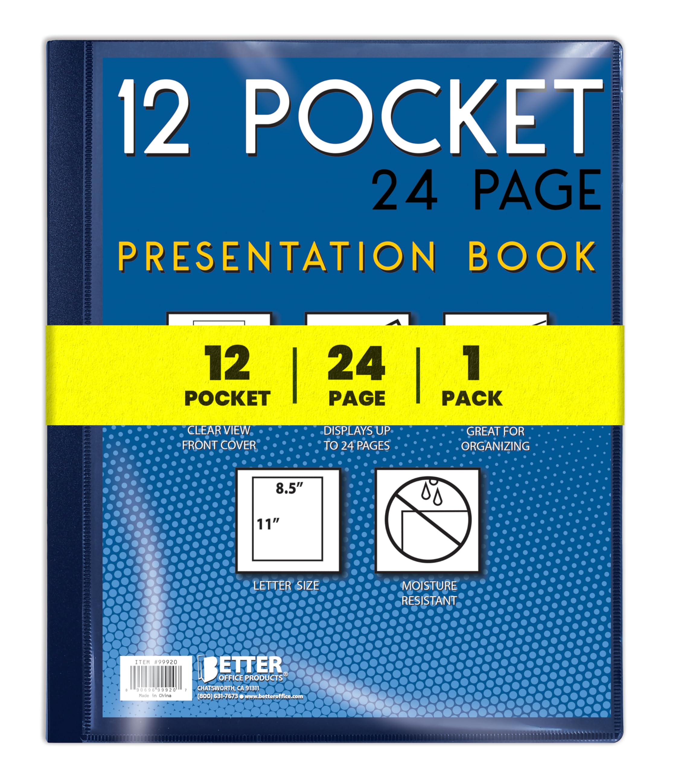 Better Office Products 12 Pocket Bound Presentation Book, Blue with Clear View Front Cover, 24 Sheet Protector Pages, 8.5" x 11" Sheets, Art Portfolio, Durable Poly Covers, Letter Size, Blue